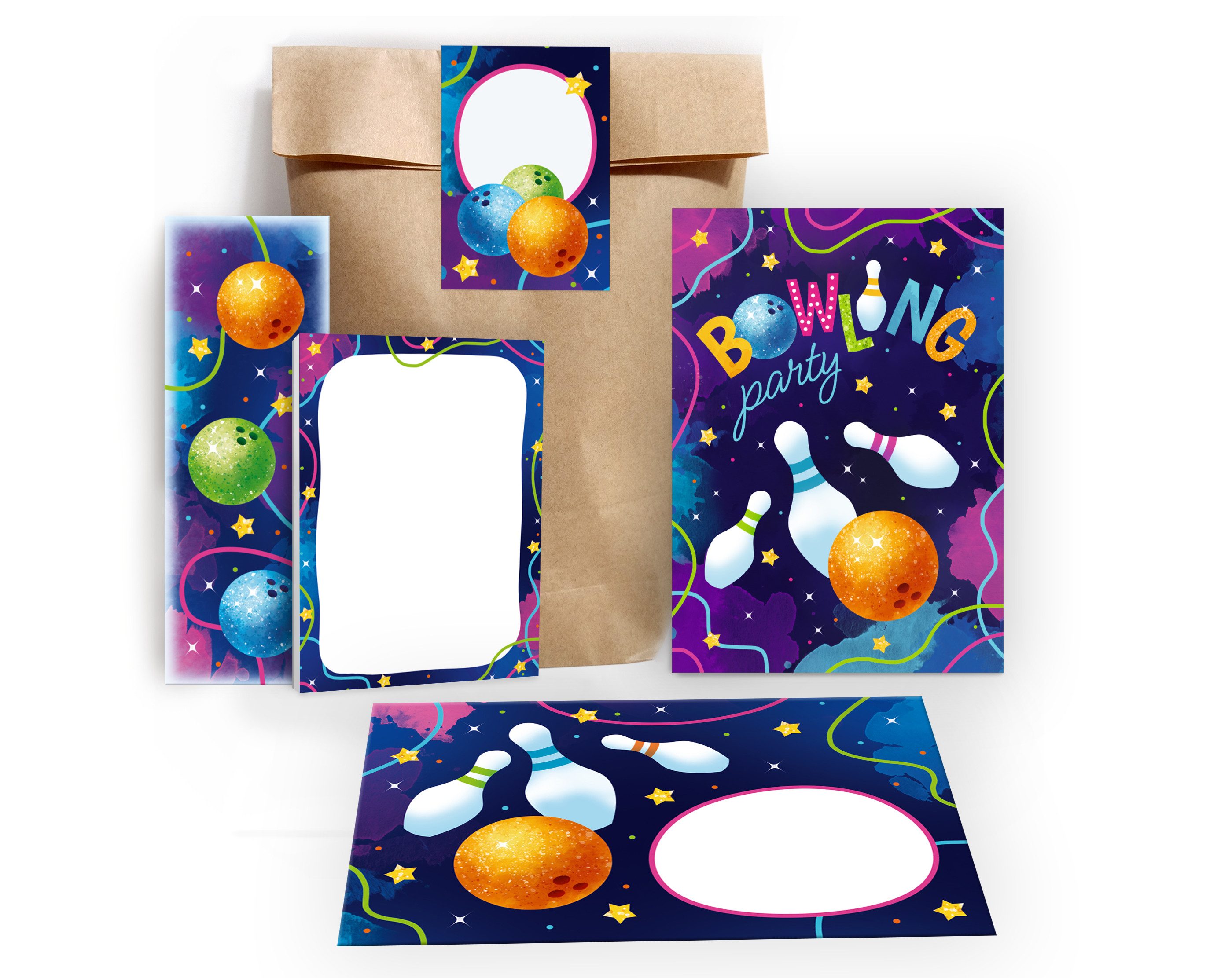 JUNAPACK Einladungskarten Bowling zum Geburtstag Einladungen Karten mit Umschlägen Mitgebsel, Mitbringsel Set Kegeln Gastgeschenke zum Geburtstag Aquarell