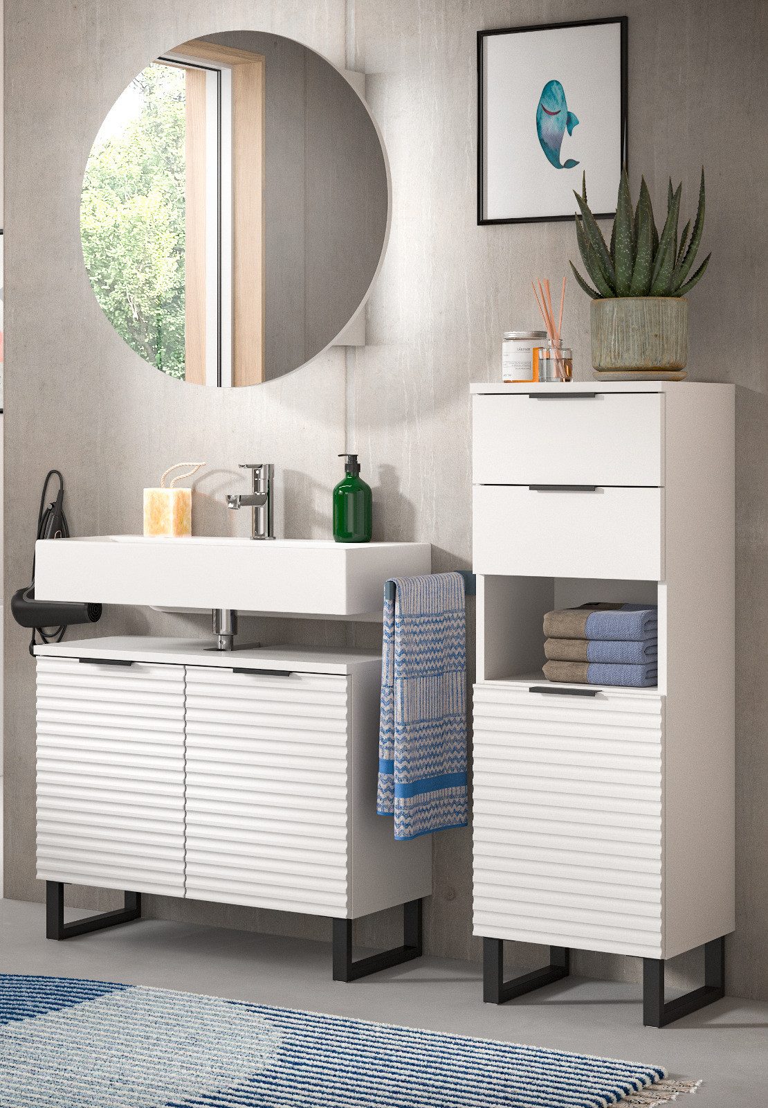 Inn.Furn Badmöbel-Set Roove, (in weiß, 3-St., mit 3D-Wellenstruktur), mit Soft-Close-Funktion