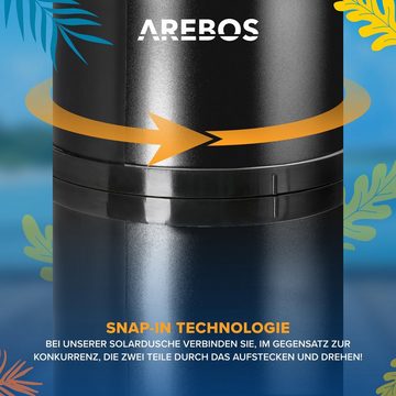 Arebos Solardusche 40 L Premium schwarz mit Bodenplatte, Stahlfuß, Mobile Handbrause (Bodenplatte Holzoptik, Set)