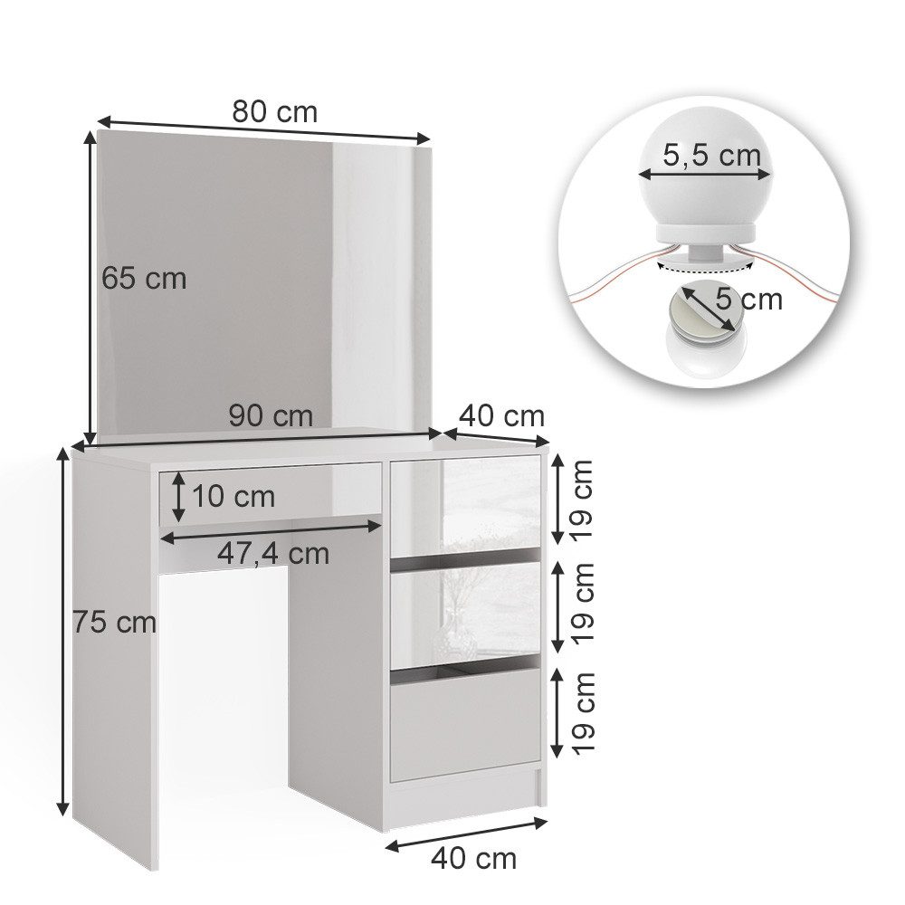 Vicco Schminktisch Sherry, Weiß Hochglanz, 90 cm mit LED Beleuchtung (2-St)