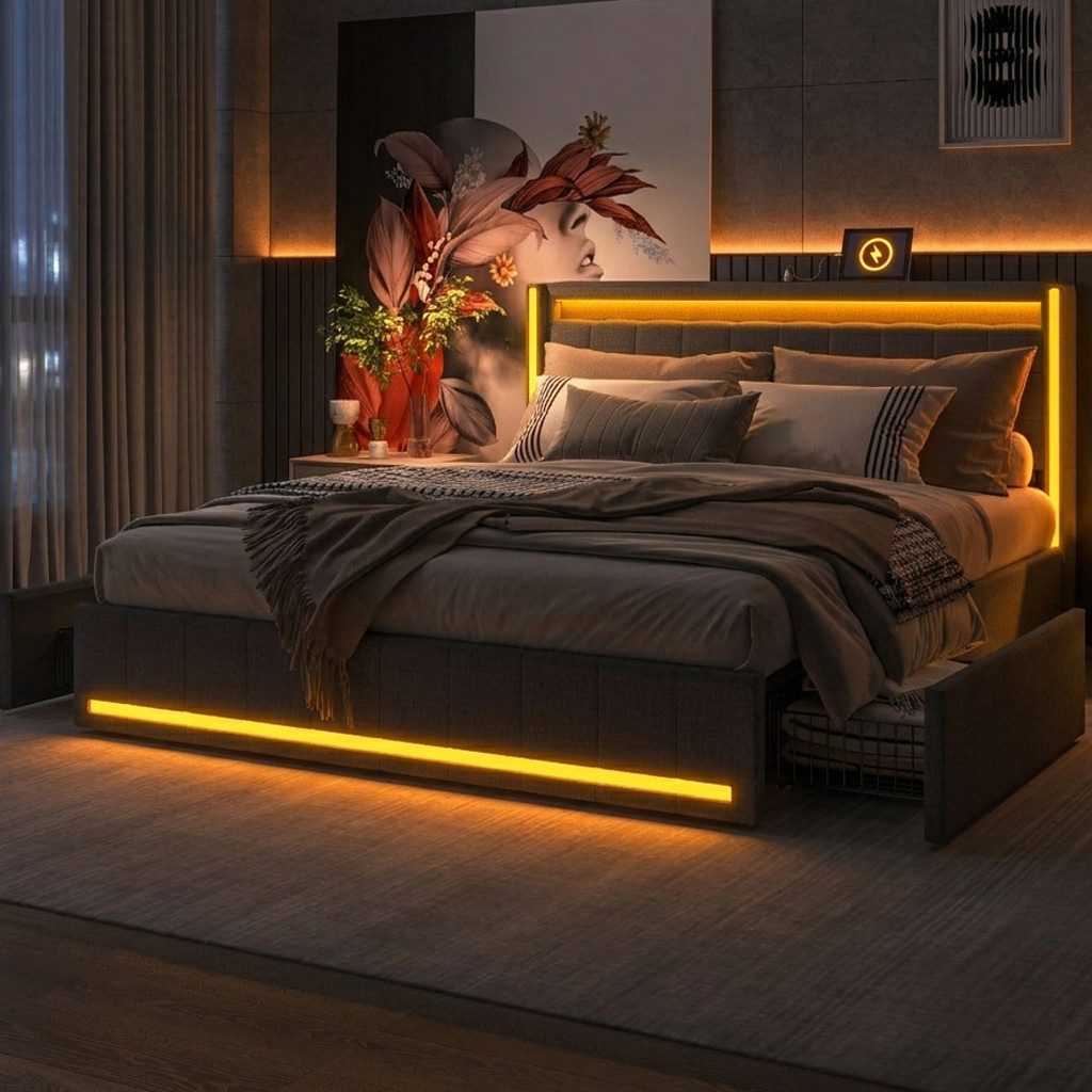 ADWOLT Polsterbett Doppelbett Stauraumbett mit 4 Schubladen, 140x200 cm,mit LED Licht und USB+Type C,Gepolstert,Leinenstoff,Grau