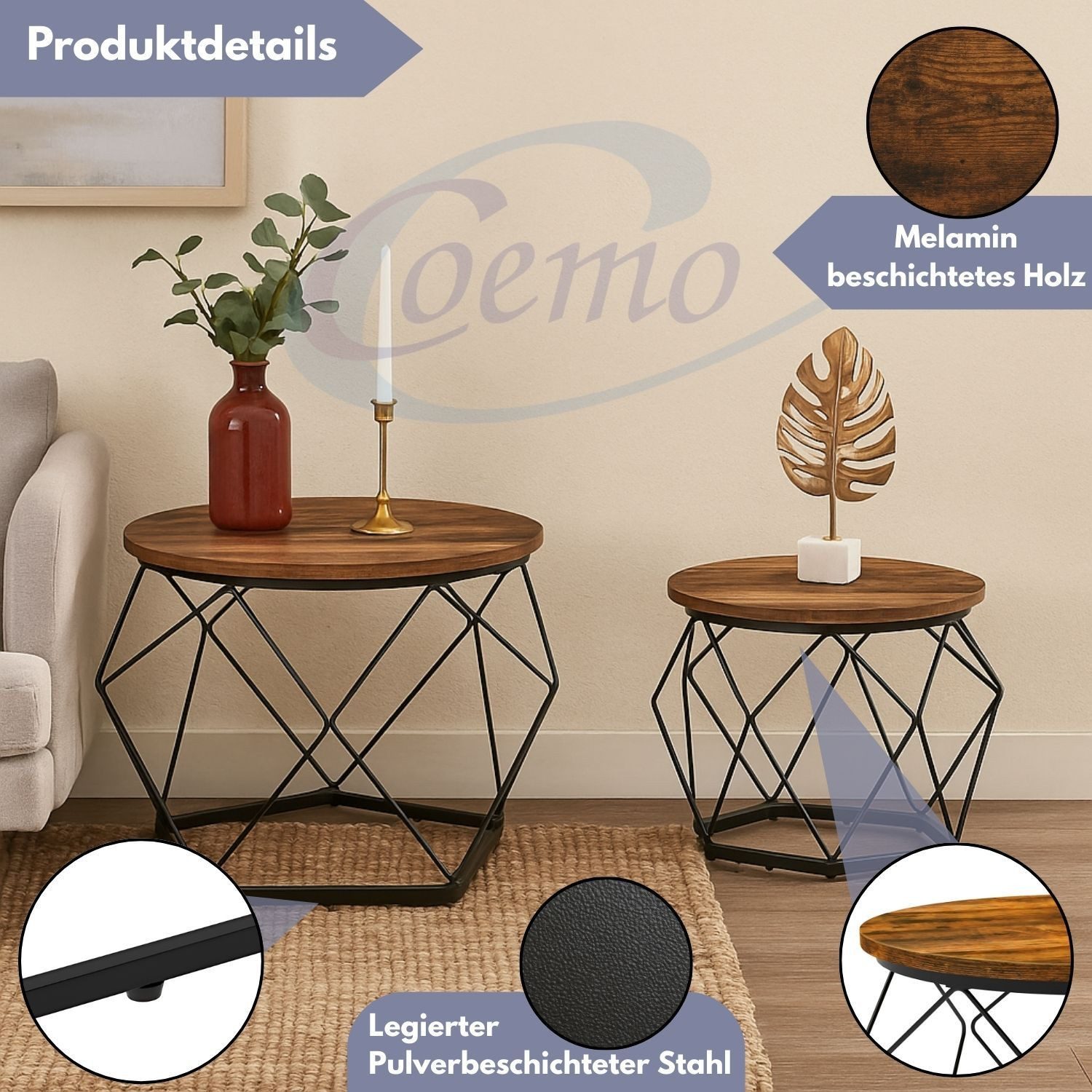 Coemo Wohnzimmertisch DUETT, Beistelltisch BRAUN Couchtisch Metall Holzplatten Ø 50 & Ø 40 cm