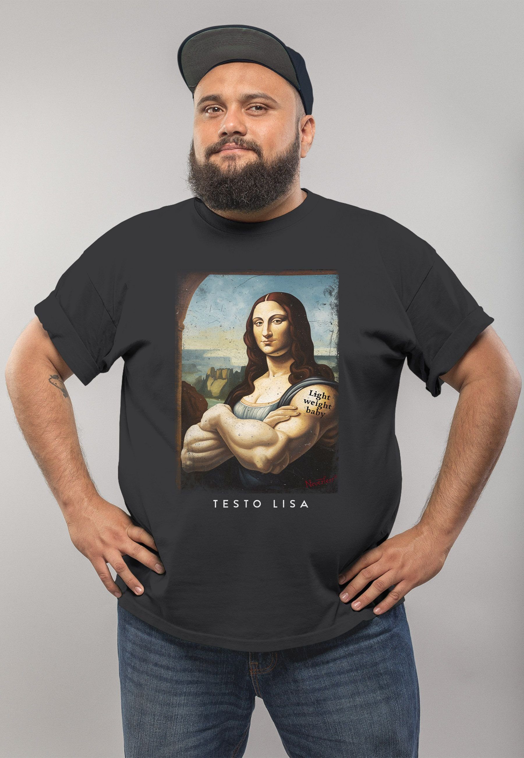 MoonWorks Print-Shirt Herren Lisa Print Meme Parodie Kapuzen-Pullover Aufdruck anthrazit Print Testo Mona Lisa mit T-Shirt