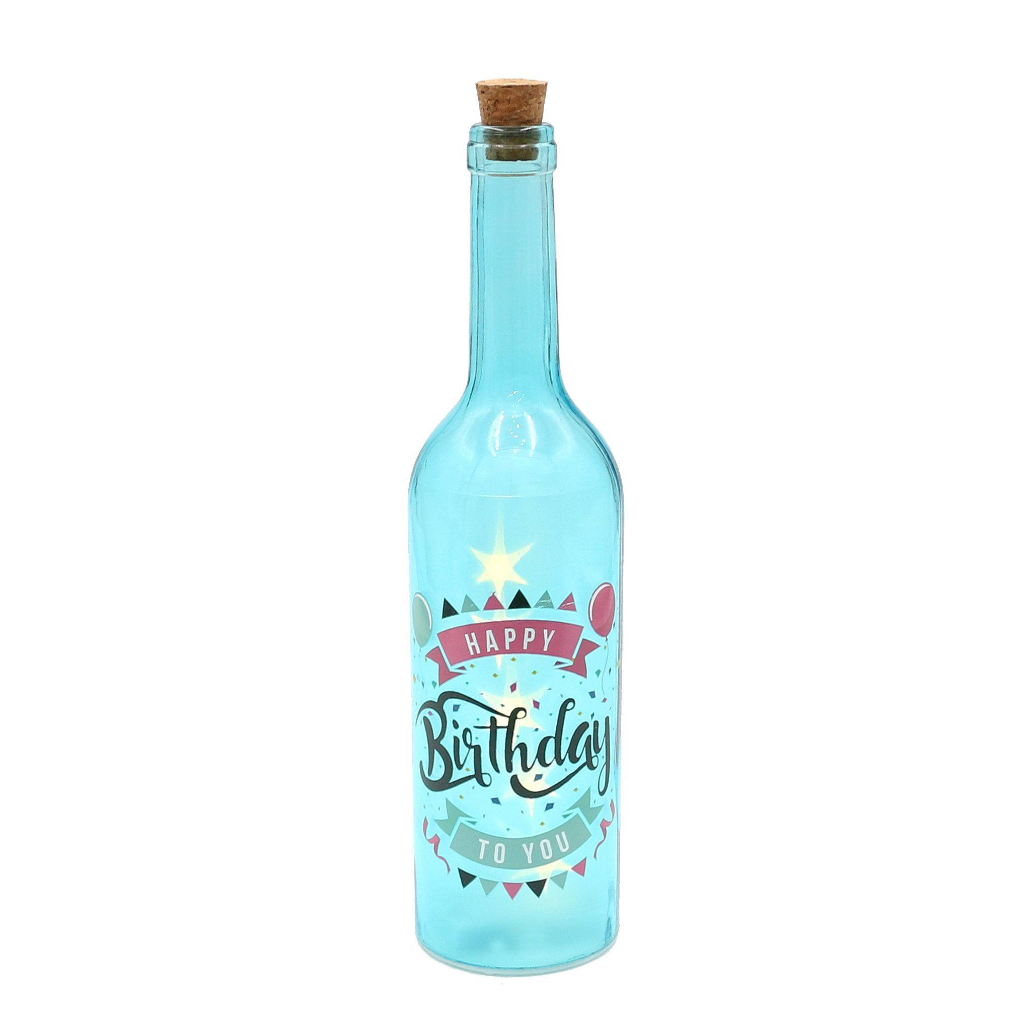 Dekohelden24 Lichterkette Deko-Glasflasche / Lichterflasche LED-Flasche Happy birthday mit 5