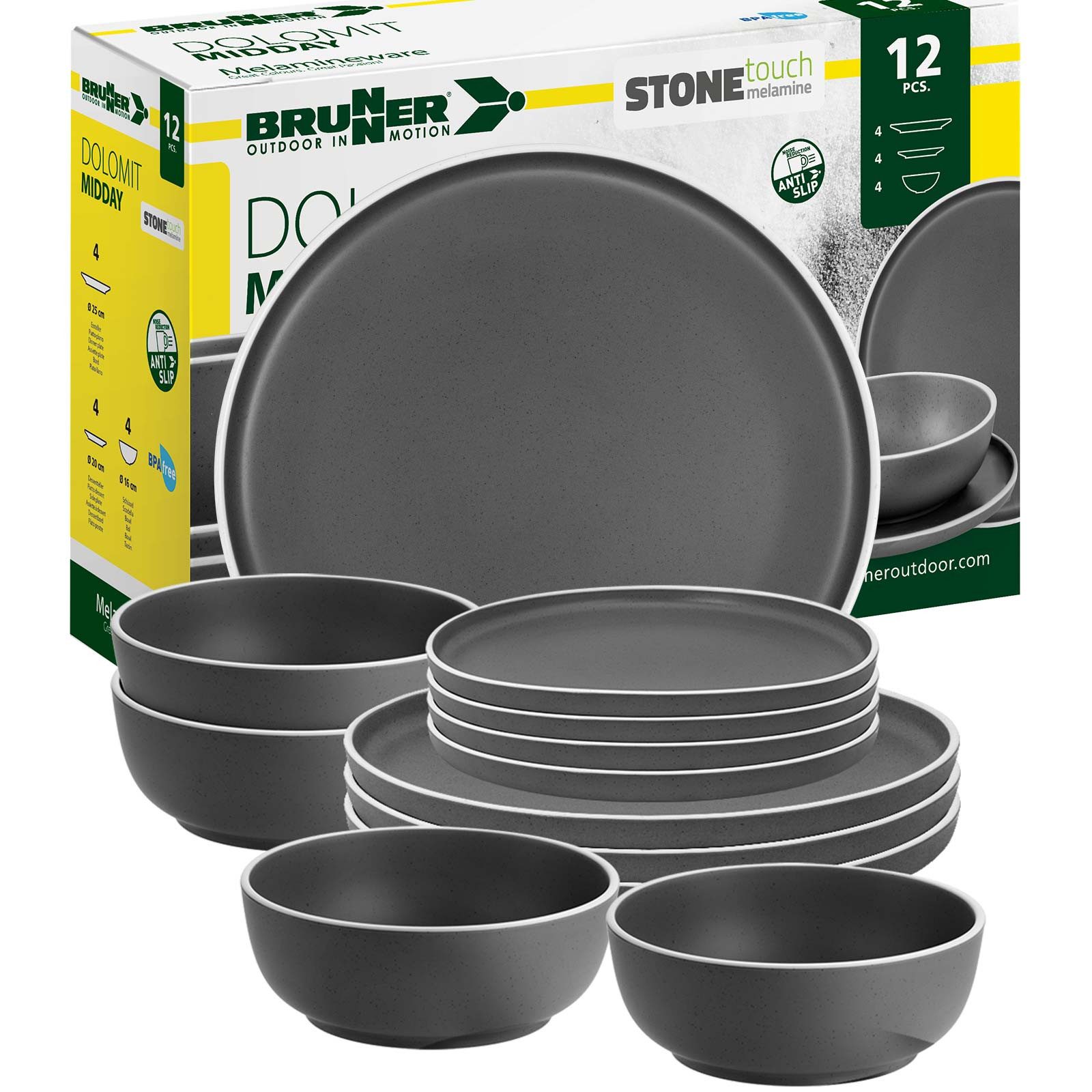 BRUNNER Geschirr-Set BRUNNER Camping Geschirrset DOLOMIT (12,16,36-tlg) DUNKELGRAU AntiSlip (12-tlg)