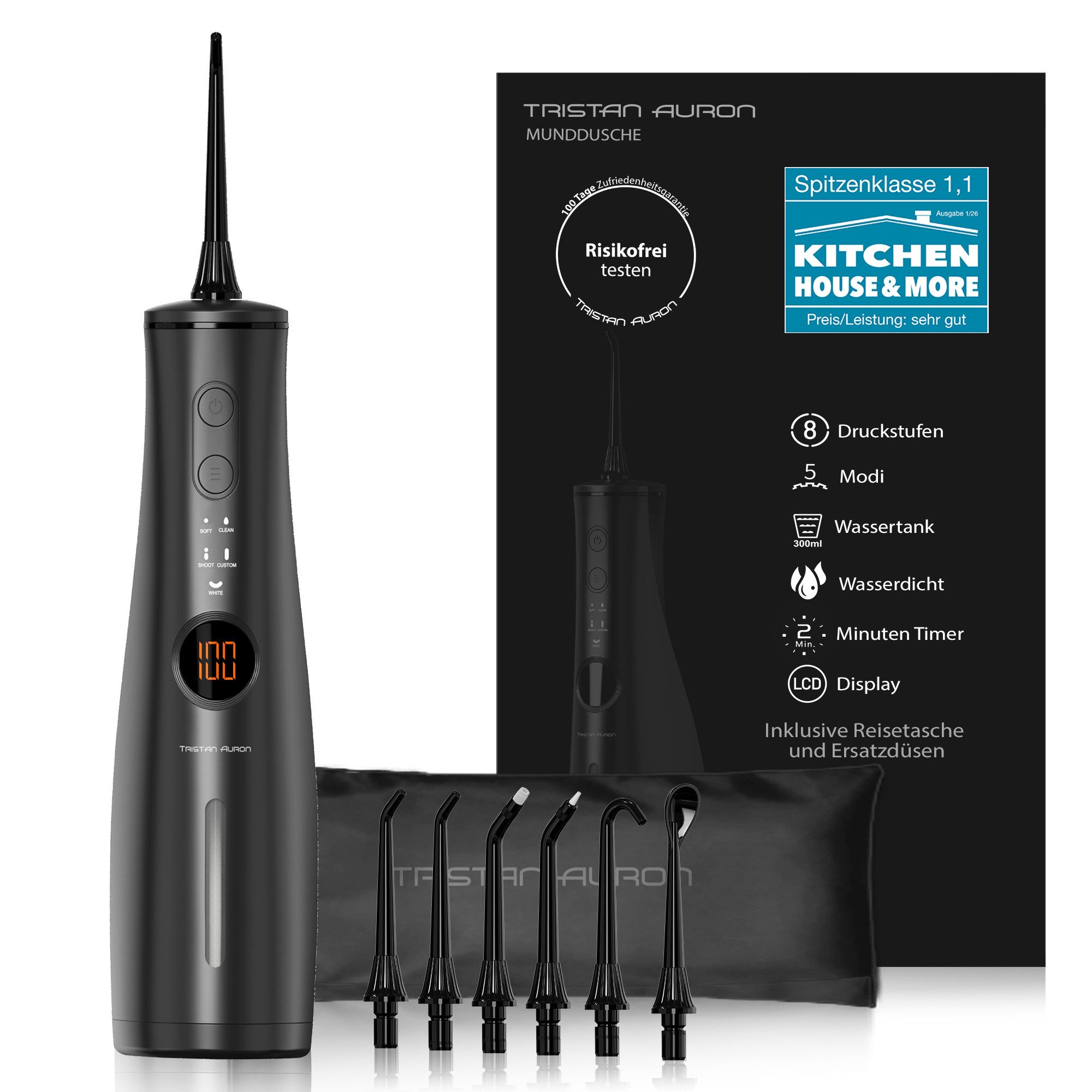 Tristan Auron Munddusche mit 6 Ersatzdüsen und Reisetasche ProJet Water Flosser, Aufsätze: 6 St., 5 Modi,300ml Tank,8 Stufen,LCD,2min Timer,Spezialdüsen,Wasserdicht