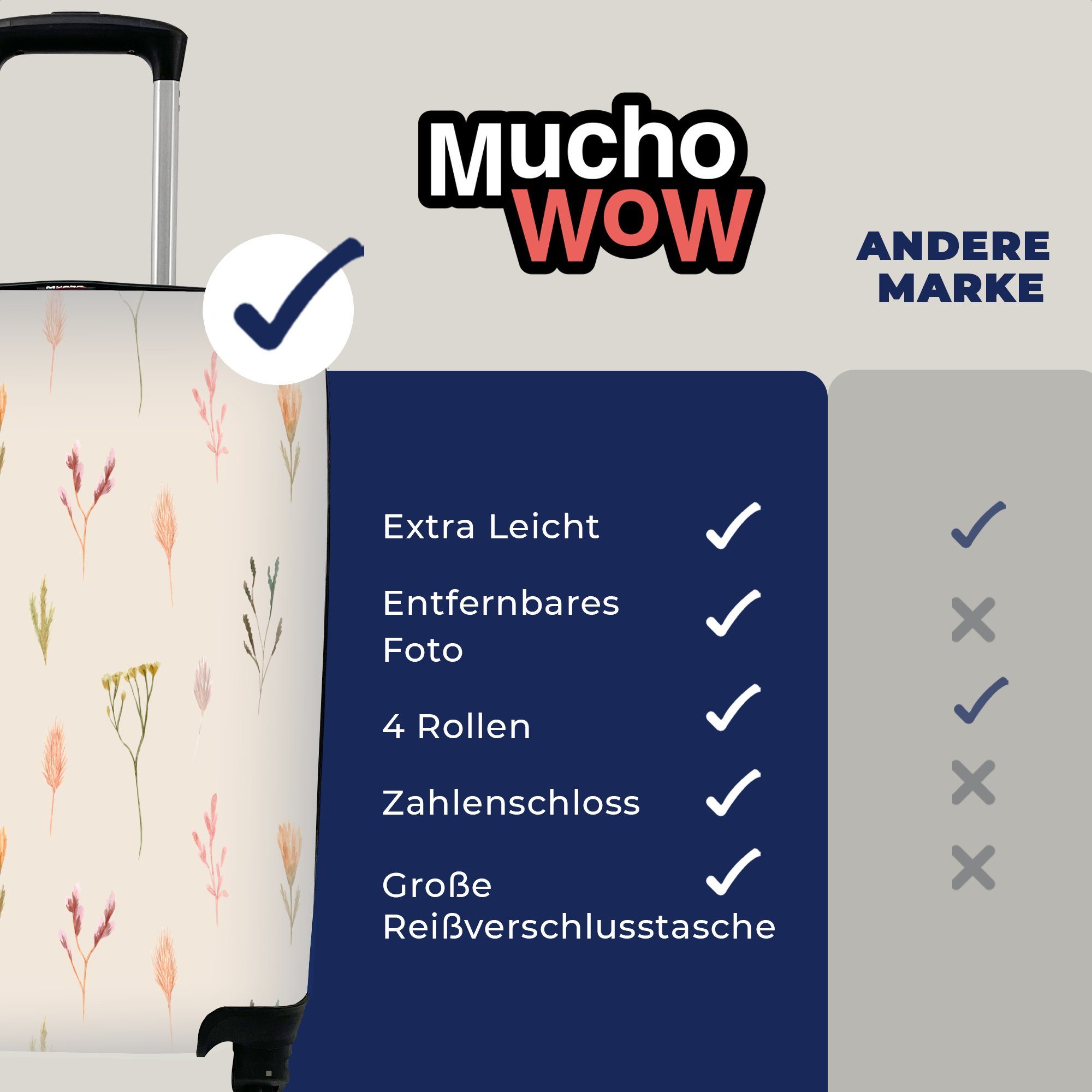 rollen, - Blumen - MuchoWow mit Reisetasche Handgepäck für Handgepäckkoffer Trolley, Farben, Ferien, Rollen, 4 Pastell Reisekoffer