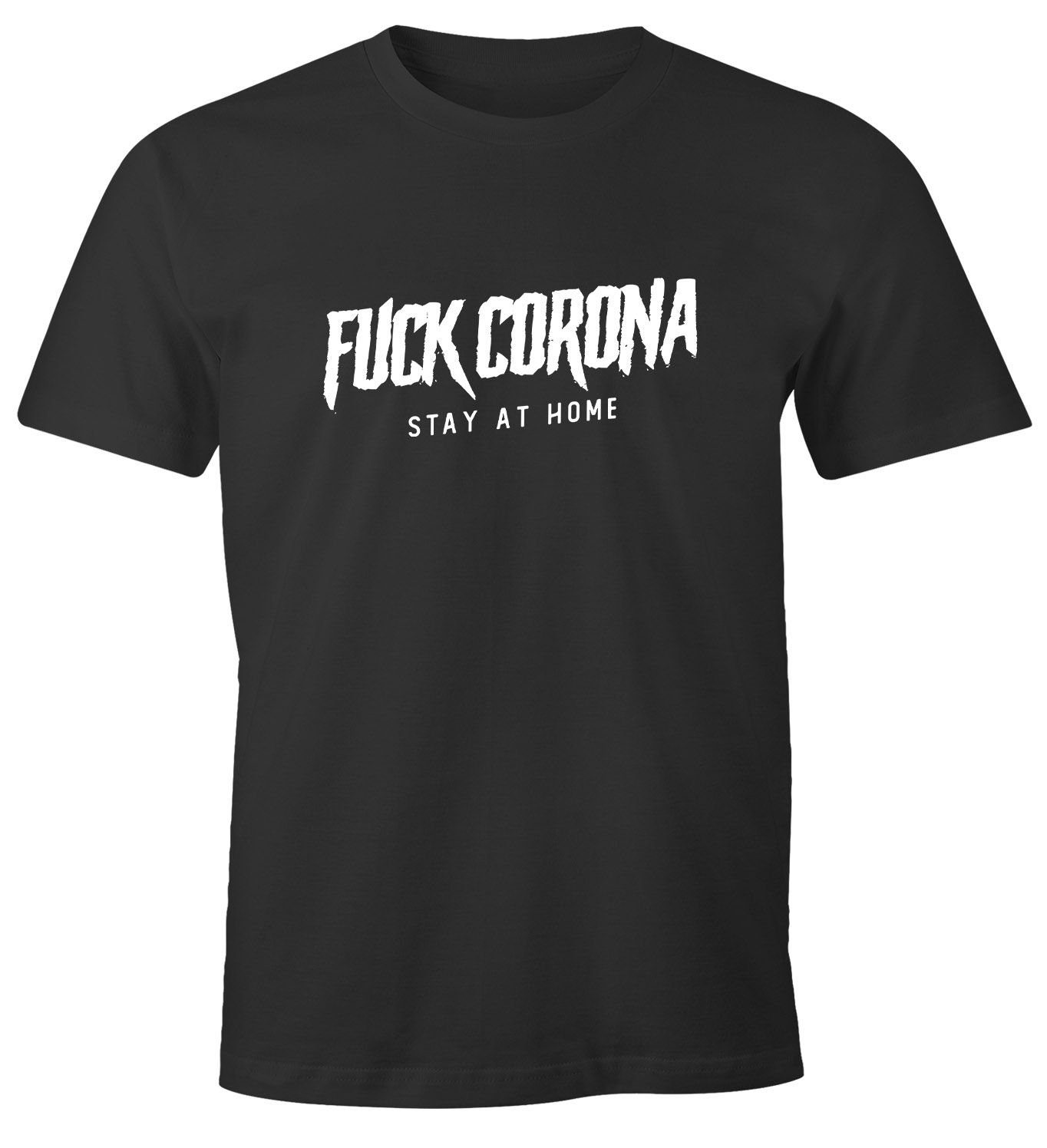 Print-Shirt T-Shirt MoonWorks Botschaft mit stay Aufruf the Corona Appell Herren Moonworks® at Print Flatten Fuck home Statement curve