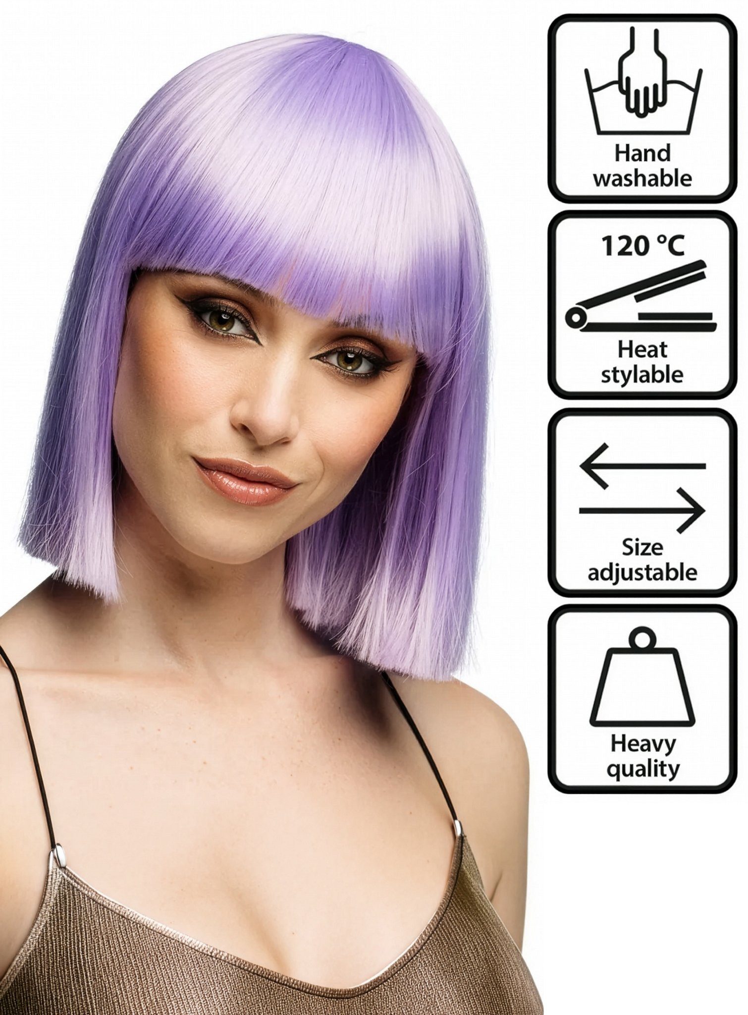 Boland Kostüm-Perücke Blunt Bob mit Pony Perücke hell-lila, Hochwertige Perücke mit glatter Kurzhaarfrisur