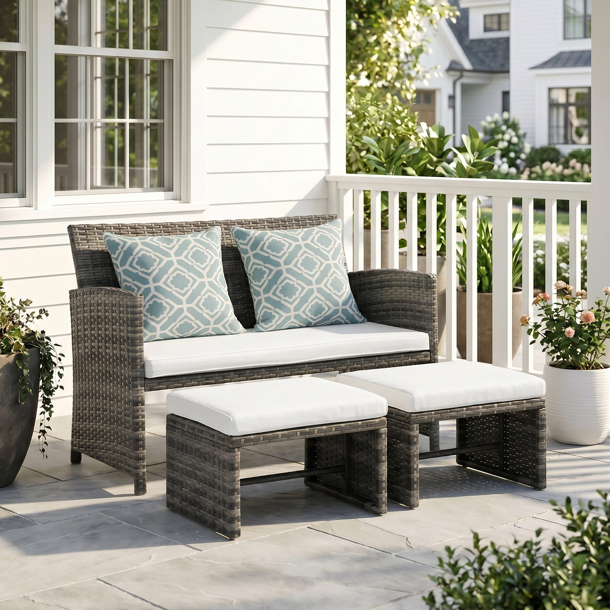 Sunsitt Gartenbank Outdoor Loveseat (3-tlg Terrassenmöbel-Set, Allwetter Rattan Gartenbank mit 2 Hocker), Grau Rattan&Grau Kissen