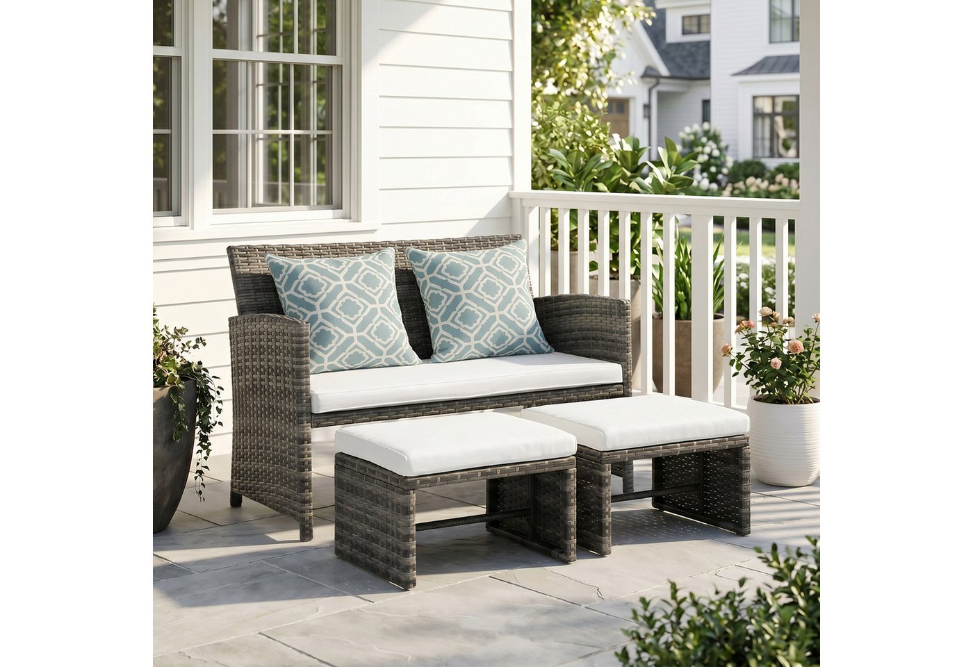 Sunsitt Gartenbank Outdoor Loveseat (3-tlg Terrassenmöbel-Set, Allwetter Rattan Gartenbank mit 2 Hocker), Grau Rattan&Grau Kissen