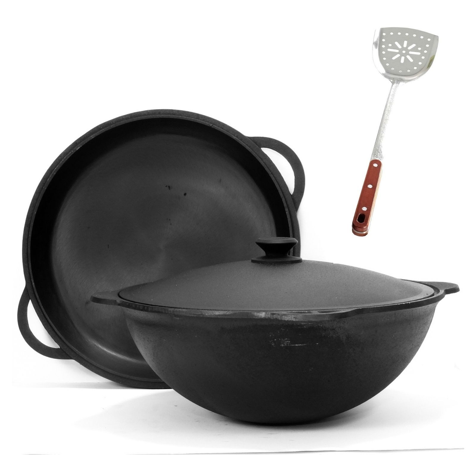 BIG-PAN Wok 22 L Kazan Deckelbratpfanne Deckel Pfannenschaufel, Gusseisen