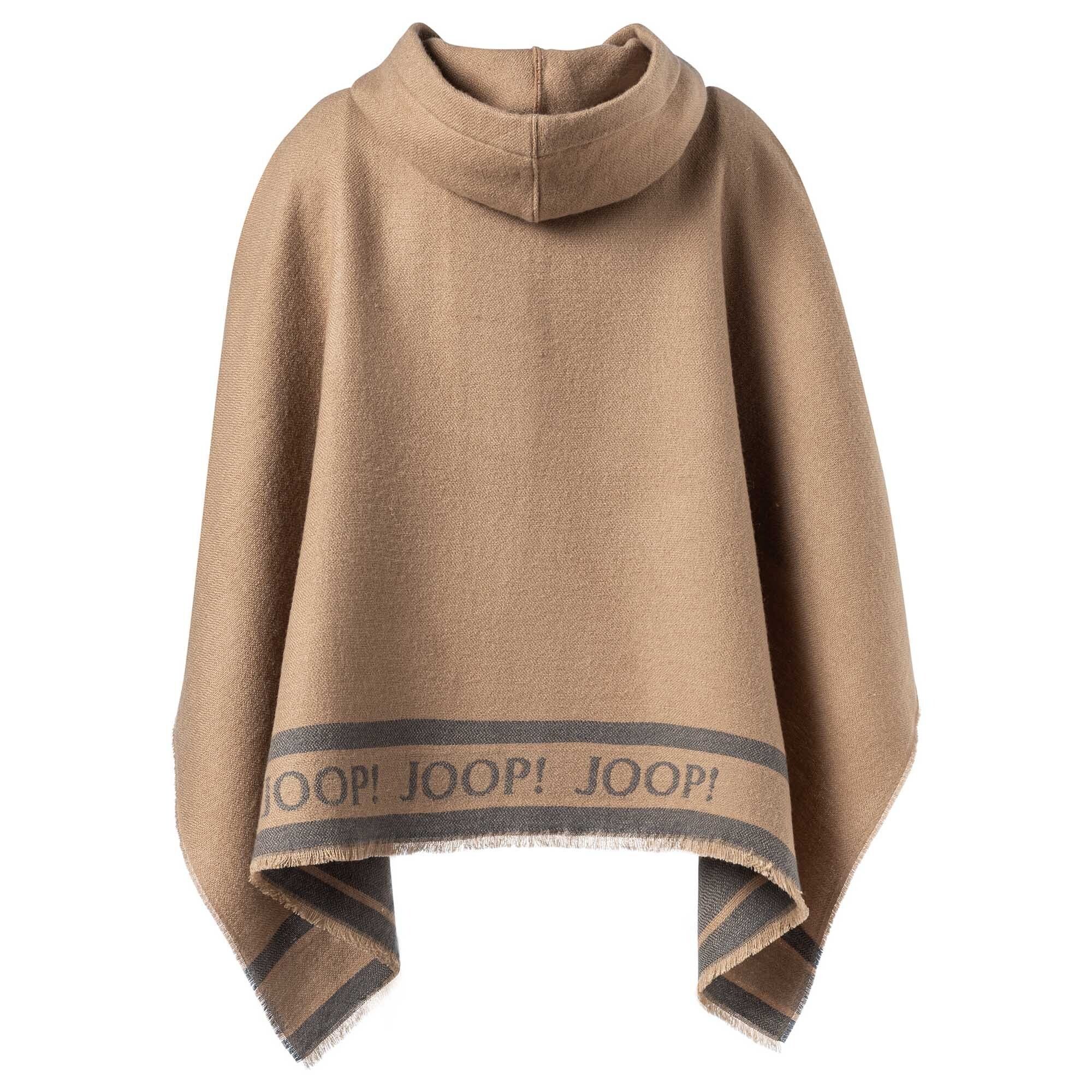 Joop! Sweater Damen Poncho - Beige gewebt, Logo, One Fransen, Kapuze