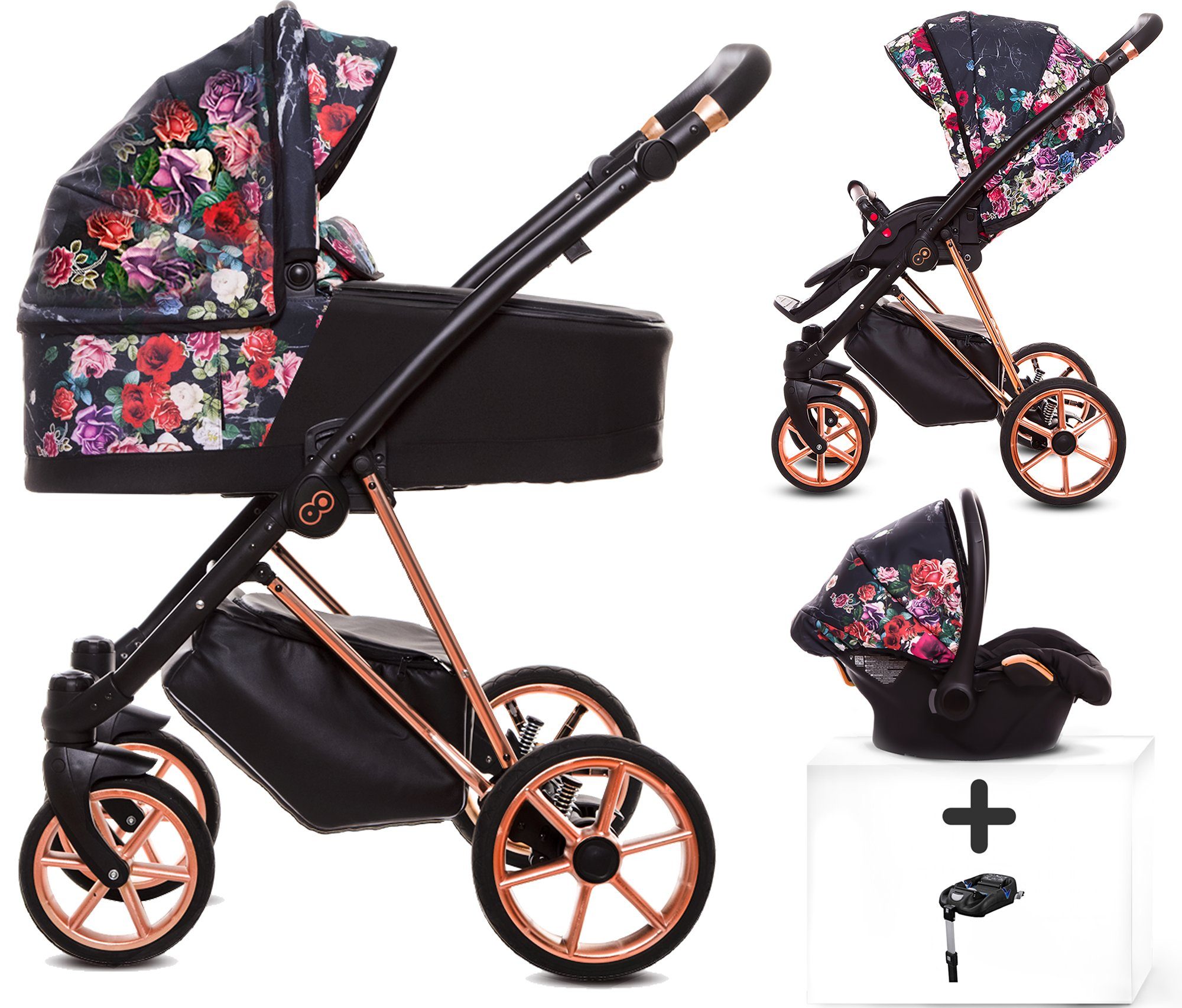 TPFLiving Kombi-Kinderwagen 4 in 1 Musse Dark Rose, Buggy Babywanne Autositz Isofix Windeltasche, Moskitonetz Regenschutz Kinderwagen Komplettset Gestell Rose Gold Gestell Roségold