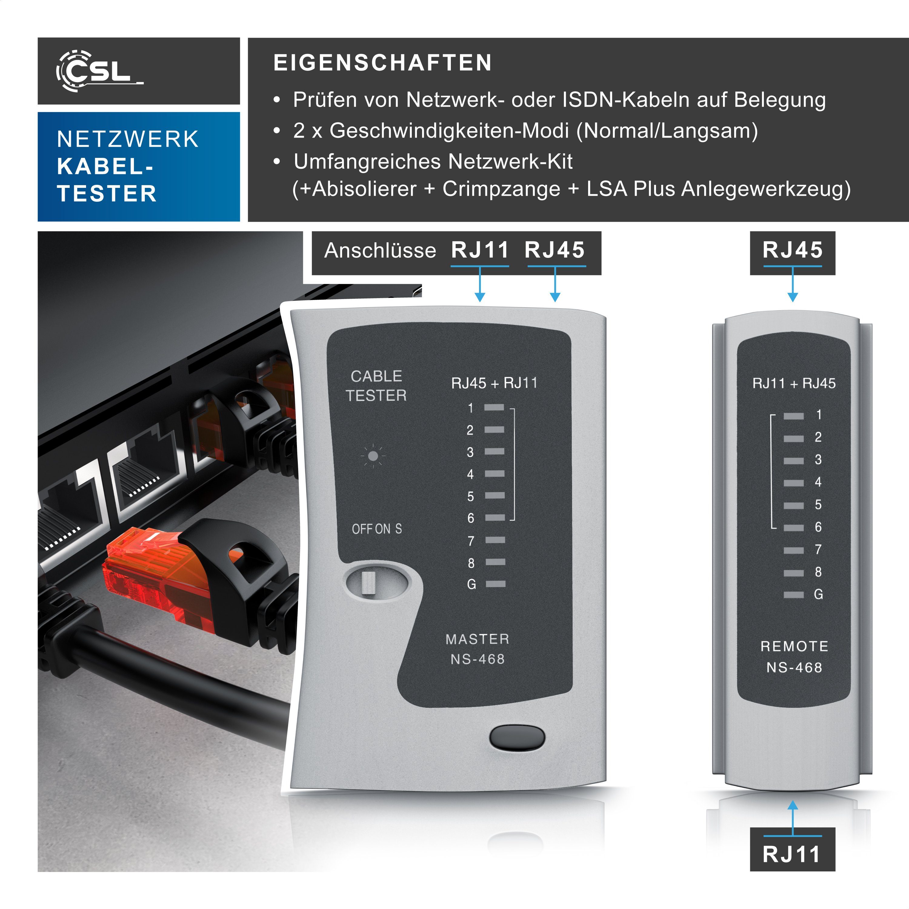 CSL Netzwerk Kabeltester für RJ45, RJ11, Telefon & Netzwerk mit Zubehör Netzwerk-Adapter RJ-45 (Ethernet) zu 2x RJ45, RJ-11, Leitungstester, Patchkabel-Tester, Abisolierer und Krimpzange