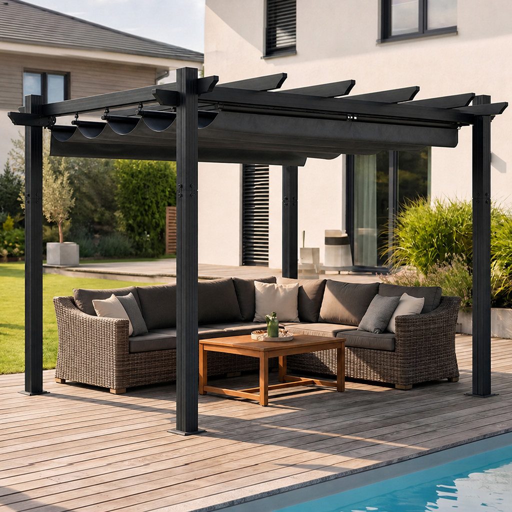GUNJI Pergola 3x3/3x4m Terrassenüberdachung, Magnetisch Befestigte Aluminium-Pergola, (180g PA-beschichtetes Polyester, UV-geschützt, geeignet für Garten, Terrasse, Poolszenen), Magnetisch befestigbares Schiebedach