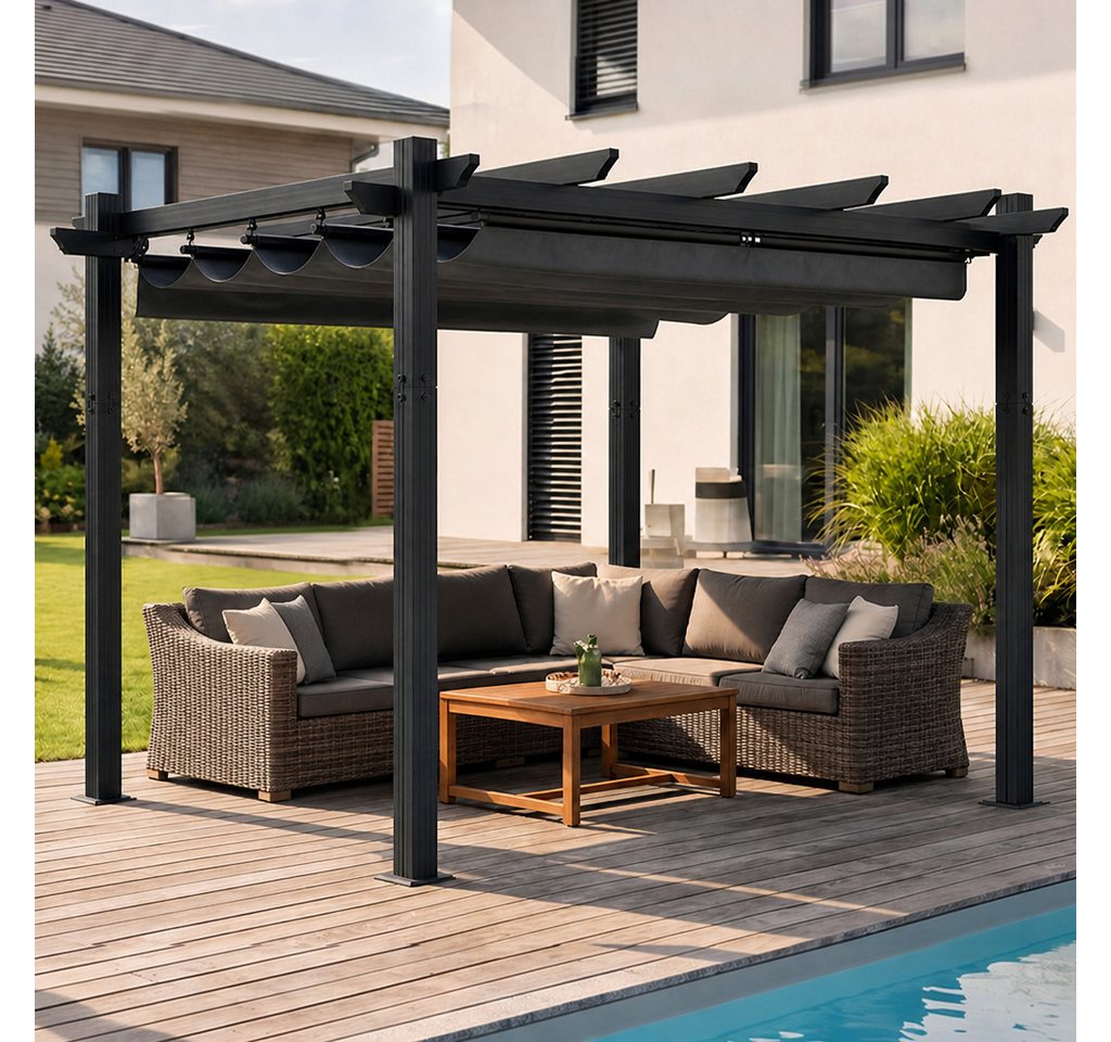 GUNJI Pergola 3x3/3x4m Terrassenüberdachung, Magnetisch Befestigte Aluminium-Pergola, (180g PA-beschichtetes Polyester, UV-geschützt, geeignet für Garten, Terrasse, Poolszenen), Magnetisch befestigbares Schiebedach