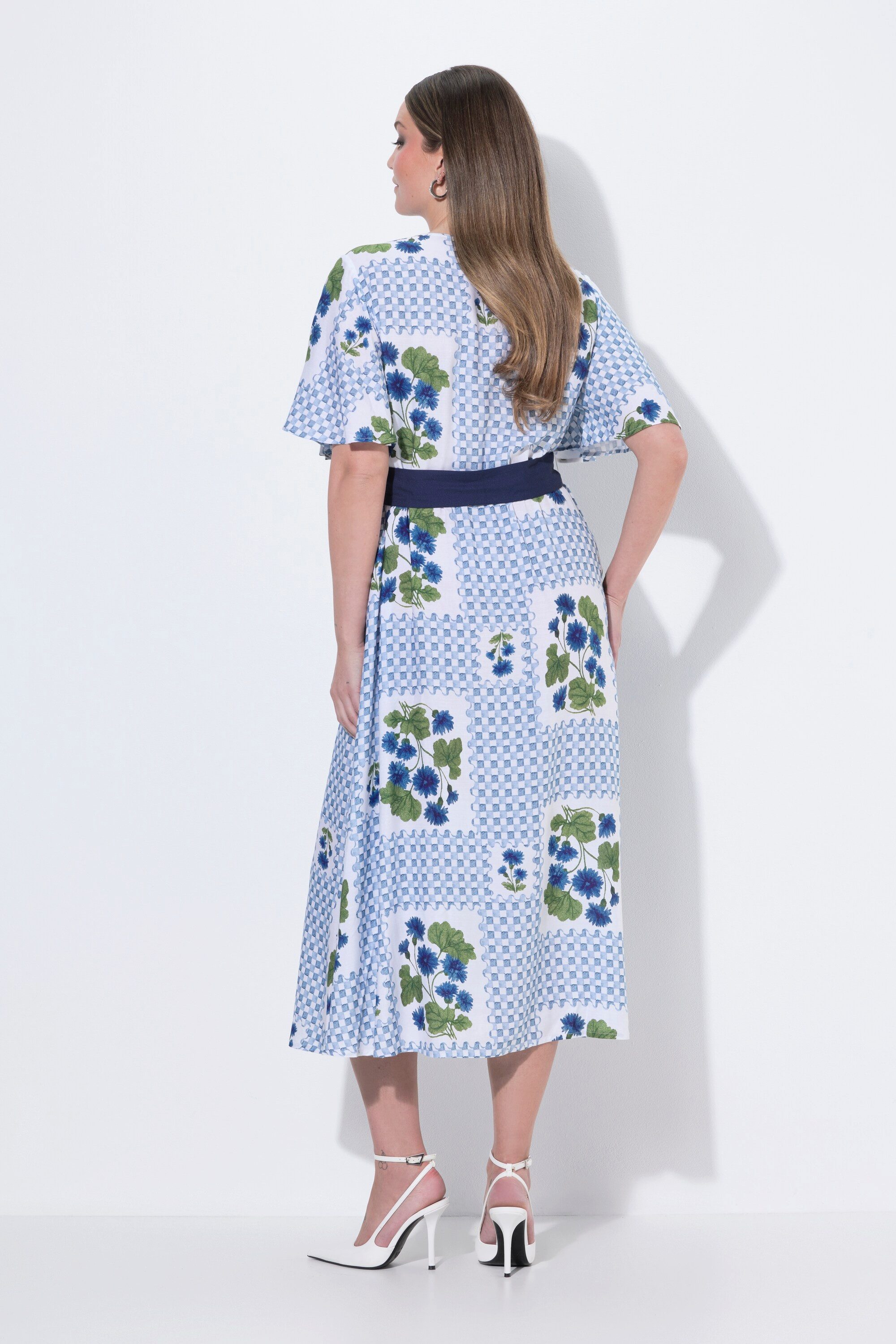 Ulla Popken Maxikleid Maxikleid Karo/Blüten V-Ausschnitt Halbarm
