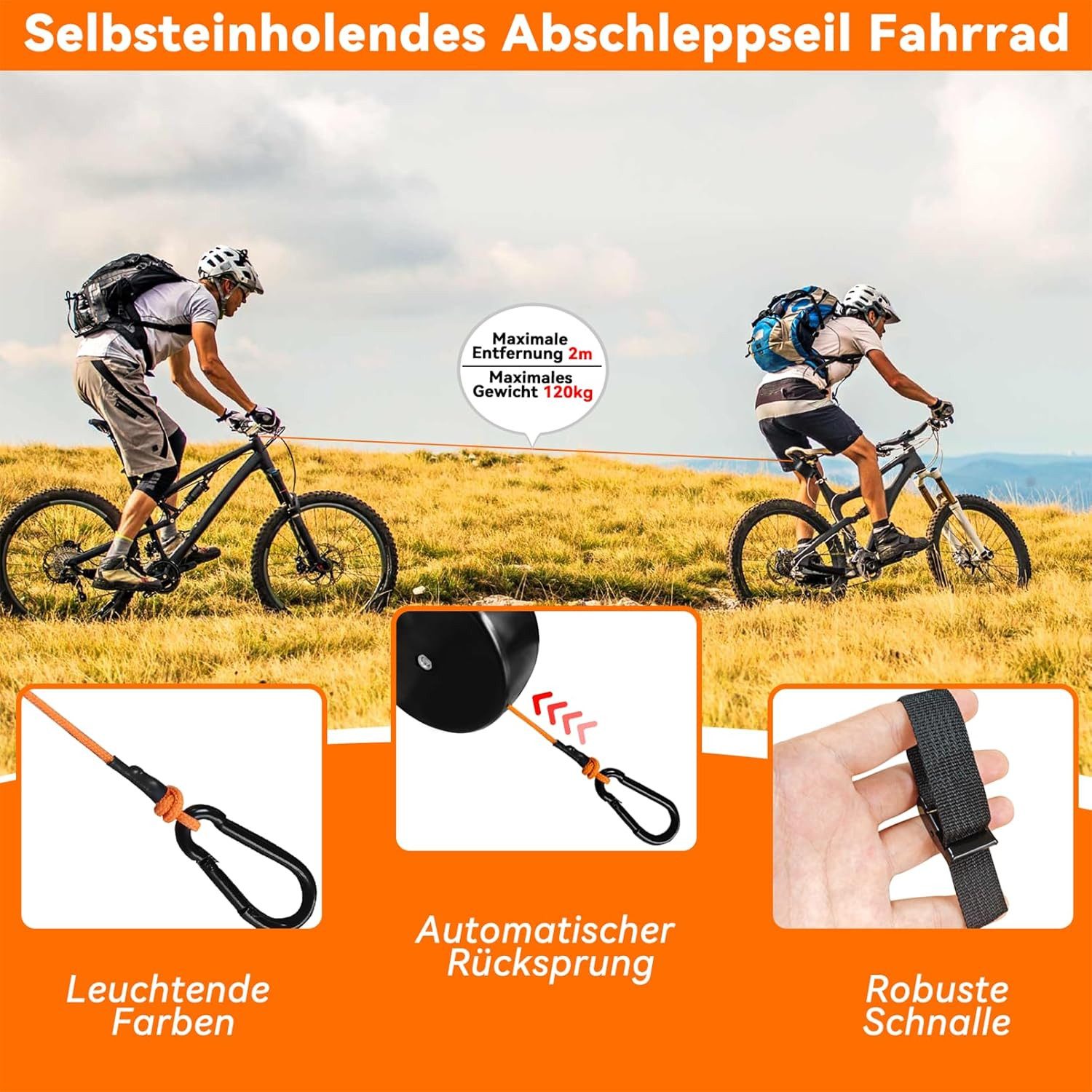 Thumbnail - Coonoor Fahrradleine Zugsystem für Kinderfahrräder, 2M Retractable Abschleppseil