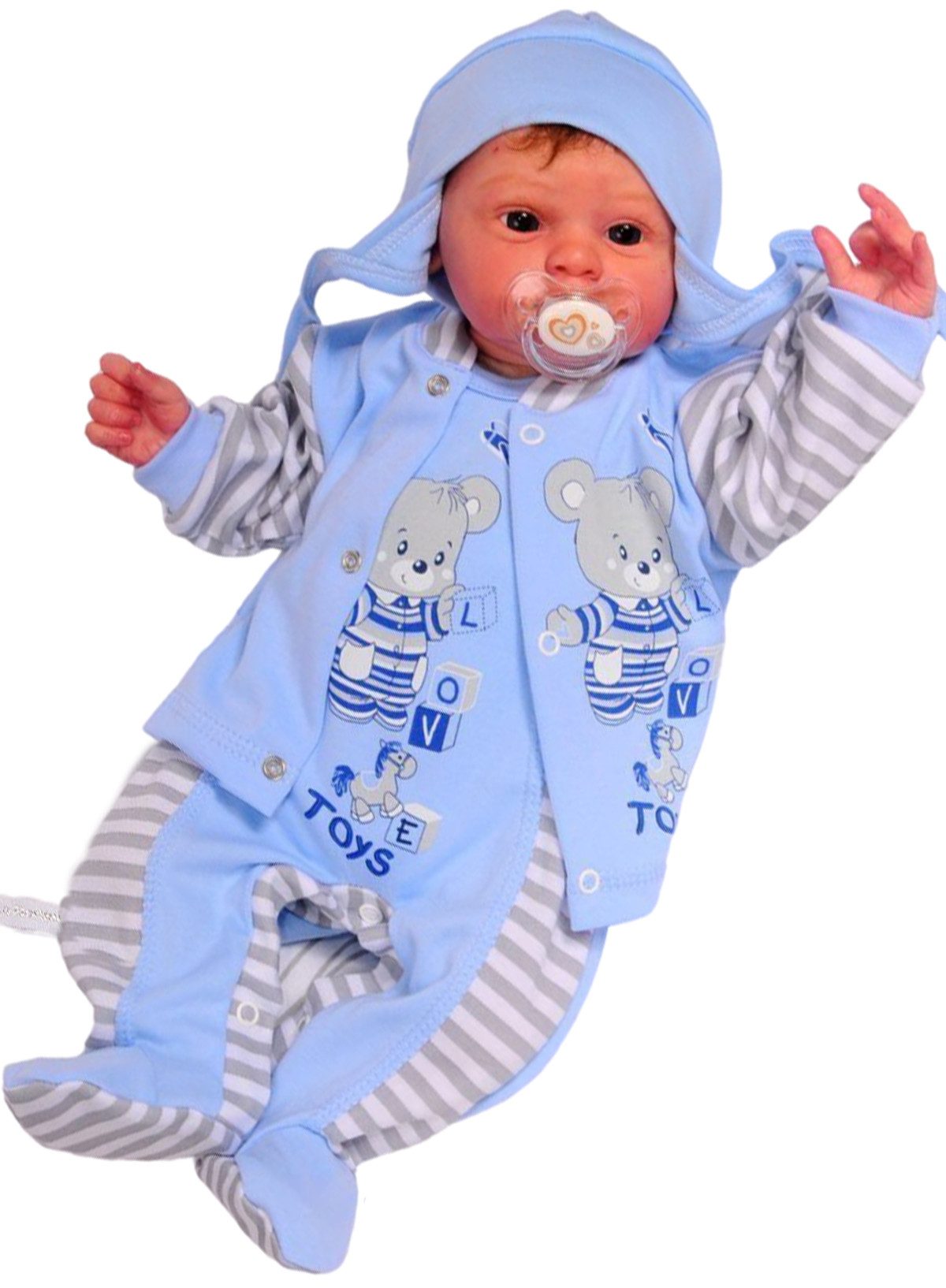 La Bortini Strampler, Jäckchen & Mütze Strampler Mütze Hemdchen Set Baby Anzug in Blau gestreift mit Bären aus reiner Baumwolle, 44 50 56 62 68 74