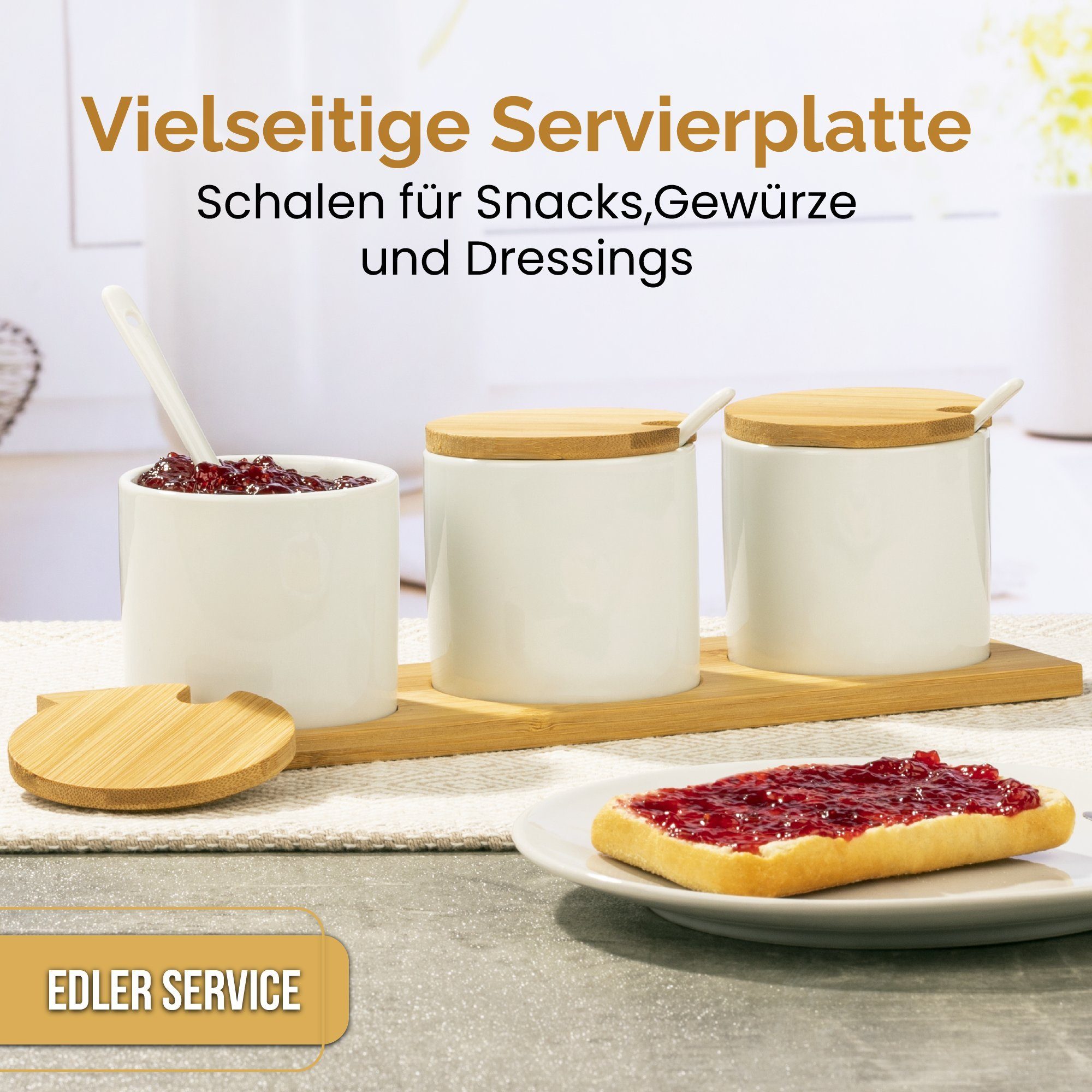 Servierplatte Gewürze, Bambus stilvolle Servierschale Zuckerdose Plateau und line® Keramik und Snacks, Saucen Schälchen für Schalen Dips, mit Löffel Easy