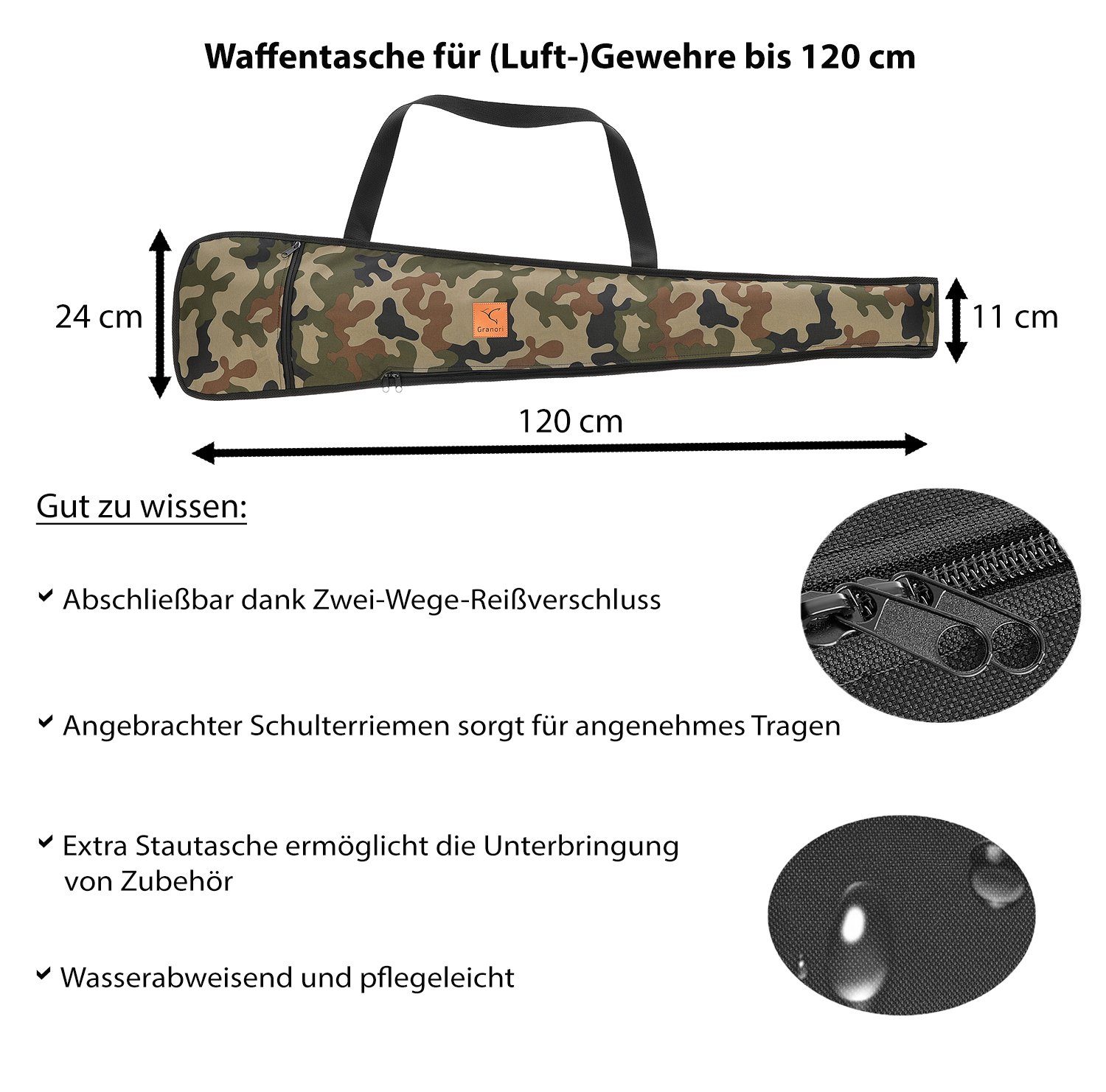 Flinte Sporttasche Länge Camouflage – Gewehrtasche für cm (mit Waffentasche und 120 abschließbar, wasserabweisend Granori Luftgewehr / Außentasche mit Trageriemen), &