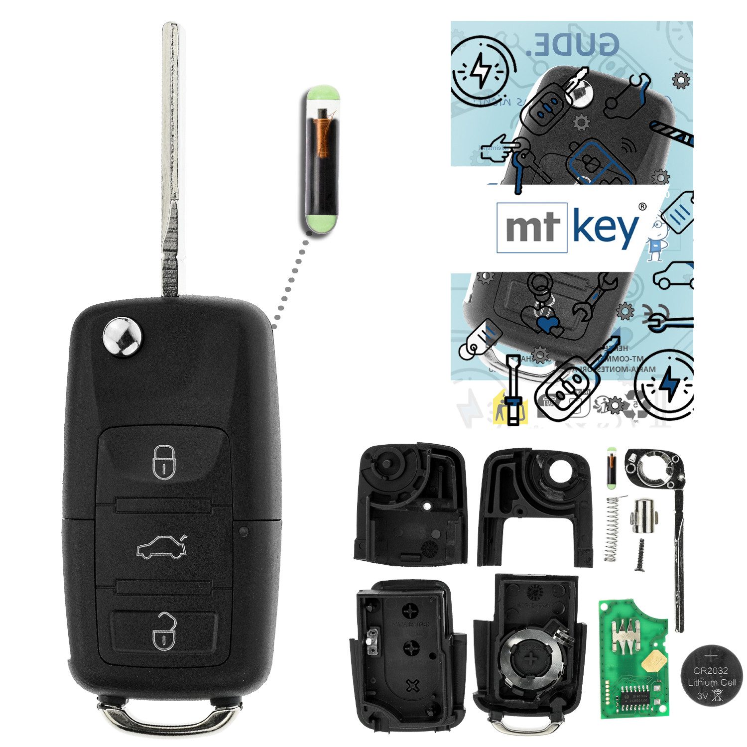 mt-key Schlüsseltasche Auto Funk Klappschlüssel Fernbedienung 434MHZ ID48 CAN (Set), für VW EOS (1F, 06–09), Golf (5K VI, 08–09), Golf Plus (5M I, 12.0...