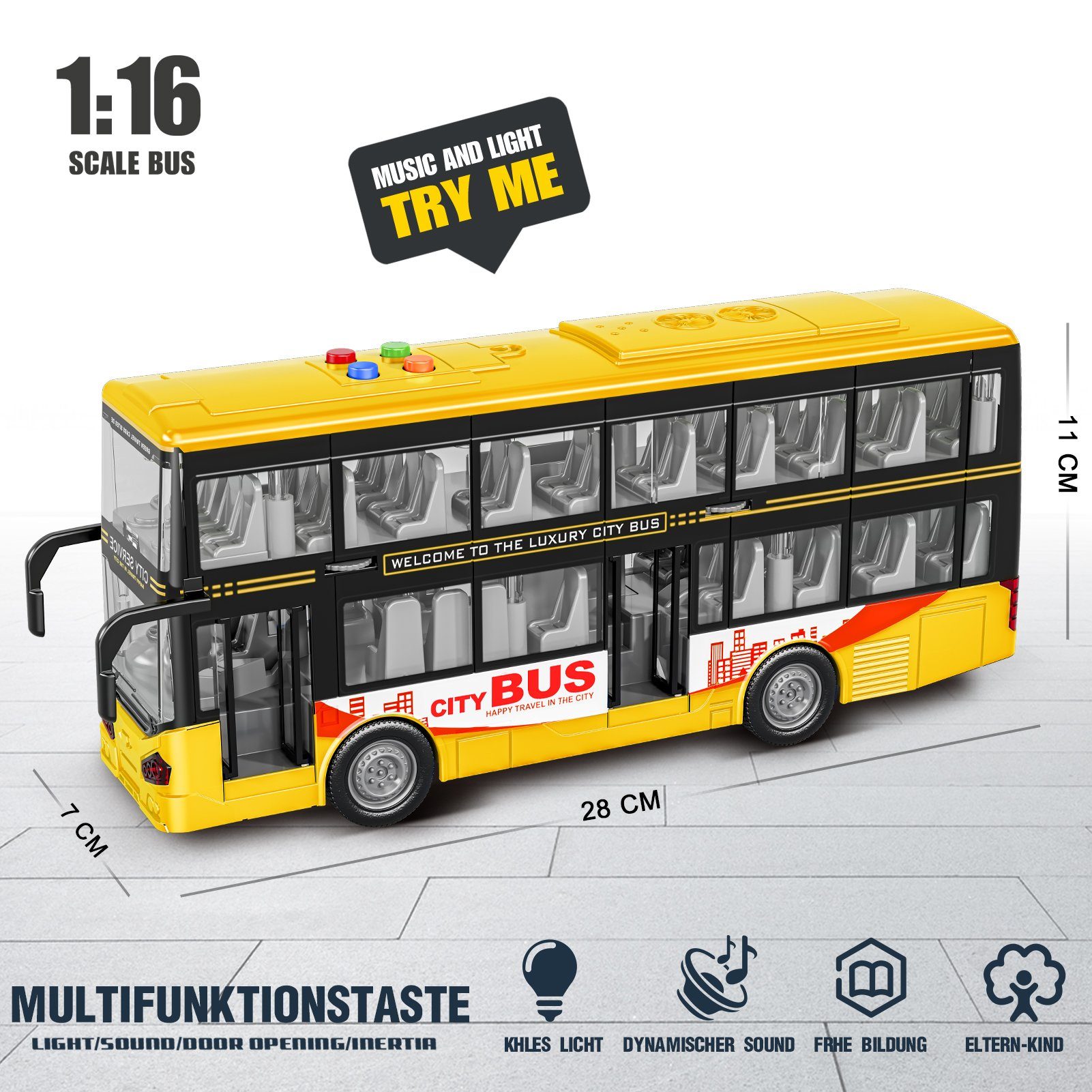 Esun Spielzeug-Bus Auto Spielzeug ab234 jahre, Doppeldecker Bus spielzeug, Spielzeugautos, (Komplettset, Komplettset), 1:16 LKW spielzeug, Geschenk junge 2 3 4 5 jahre