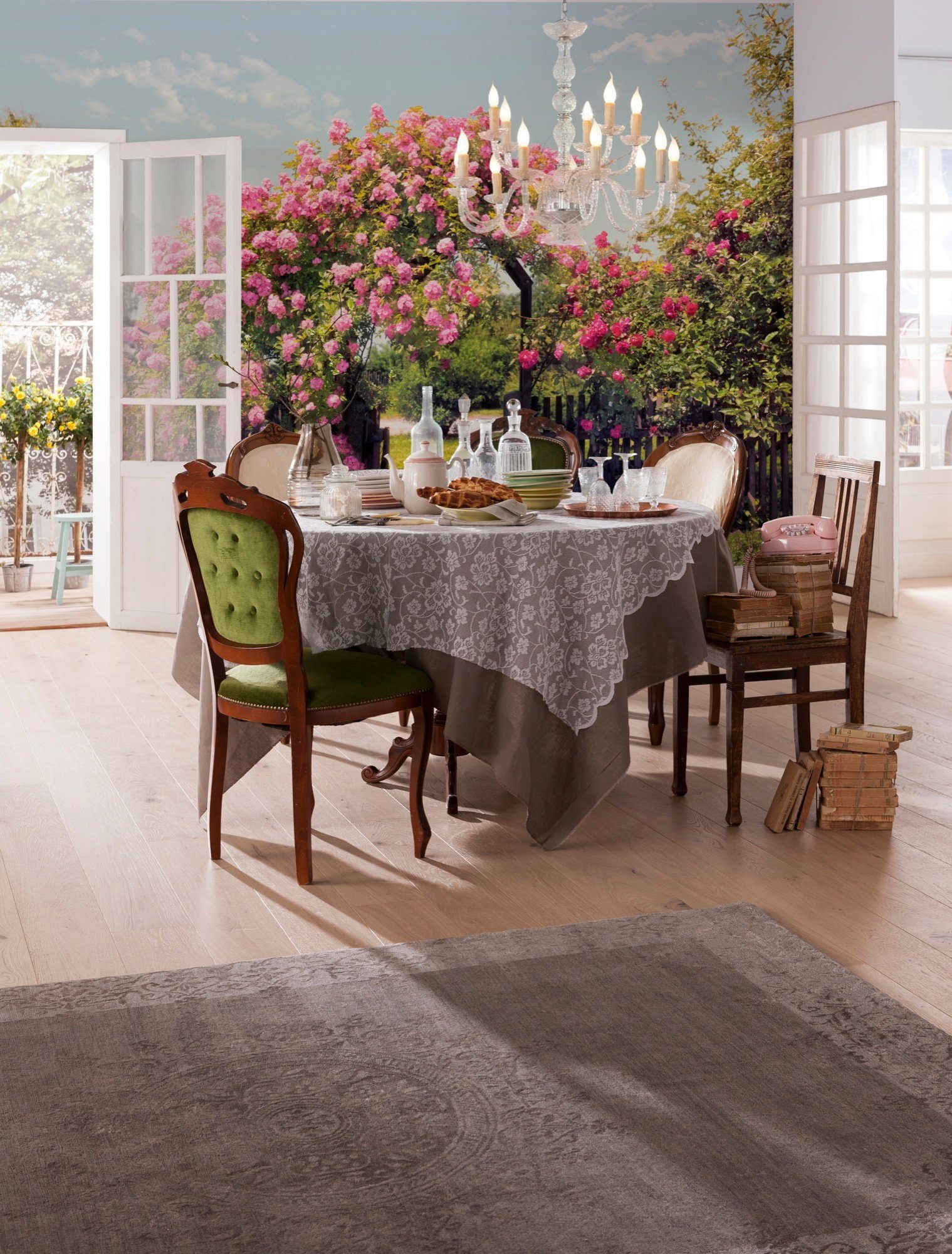 Komar Fototapete Rose Garden - Größe 368 x 254 cm, glatt, bedruckt, Wohnzimmer, Schlafzimmer