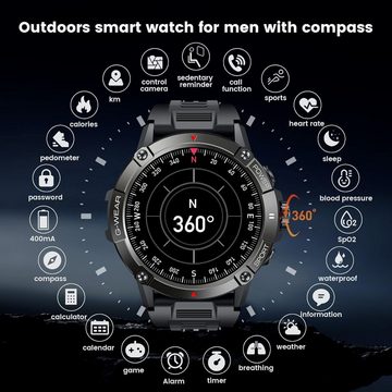 NONGAMX Smartwatch (1,54 Zoll, Android, iOS), Uhren Fitnessuhr Armbanduhr Runde Uhr Männer mit Blutdruckmessung