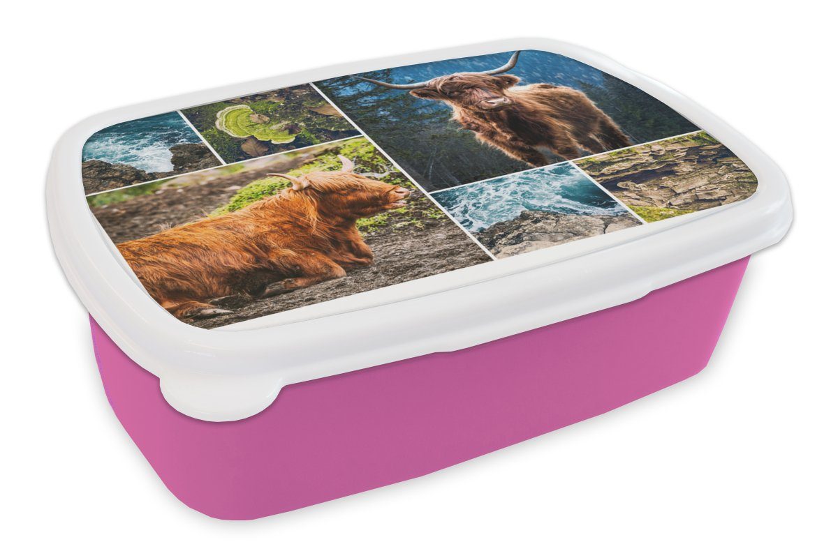MuchoWow Lunchbox Schottischer Highlander - - Kunststoff rosa Brotbox Mädchen, Snackbox, für Erwachsene, Meer, (2-tlg), Kunststoff, Kinder, Berg Brotdose
