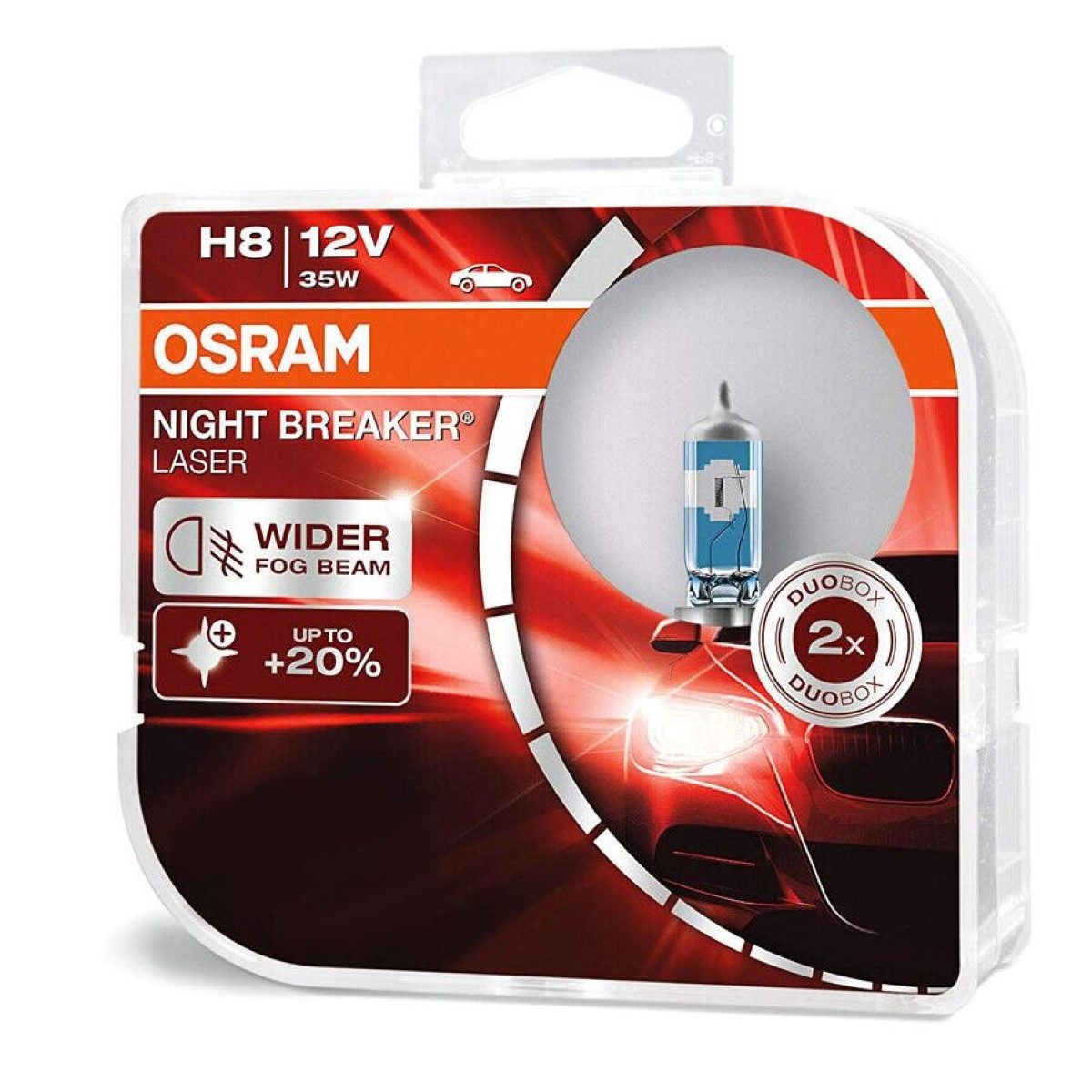 Osram KFZ-Ersatzleuchte 2x Osram H8 Night-Breaker Laser 12V 35W, 2 St., Kaltweiß, Duo Box PGJ19-1 Xenon Look Effekt Halogen-Birnen Scheinwerfer-Lampe