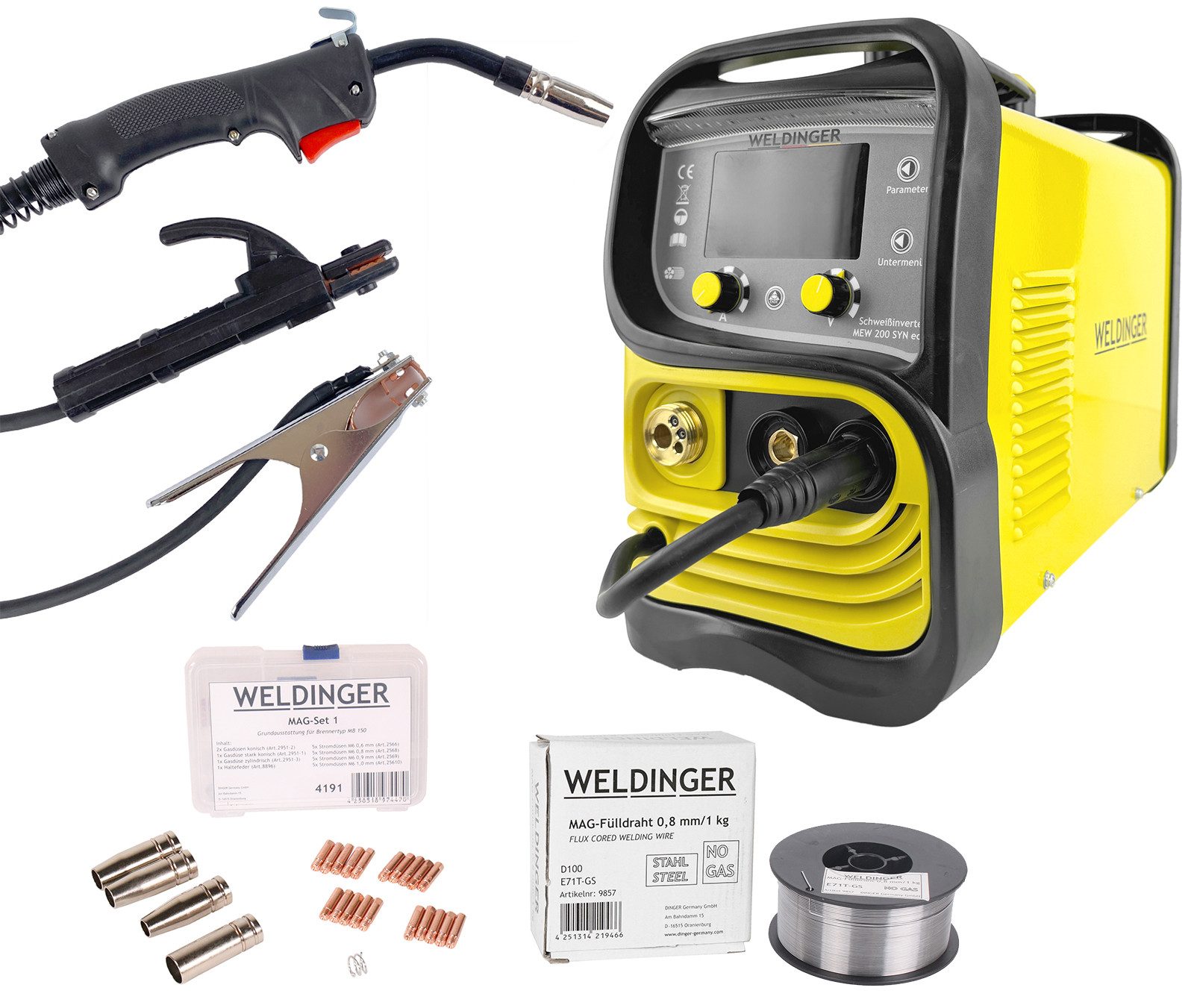 WELDINGER Schutzgasschweißgerät Set MIG/MAG-Schweißinverter MEW 200 SYN eco MAG-Set 1 Fülldraht 0,8 mm, 10 - 200 A, 7-tlg., Umpolfunktion, Displaybeleuchtung