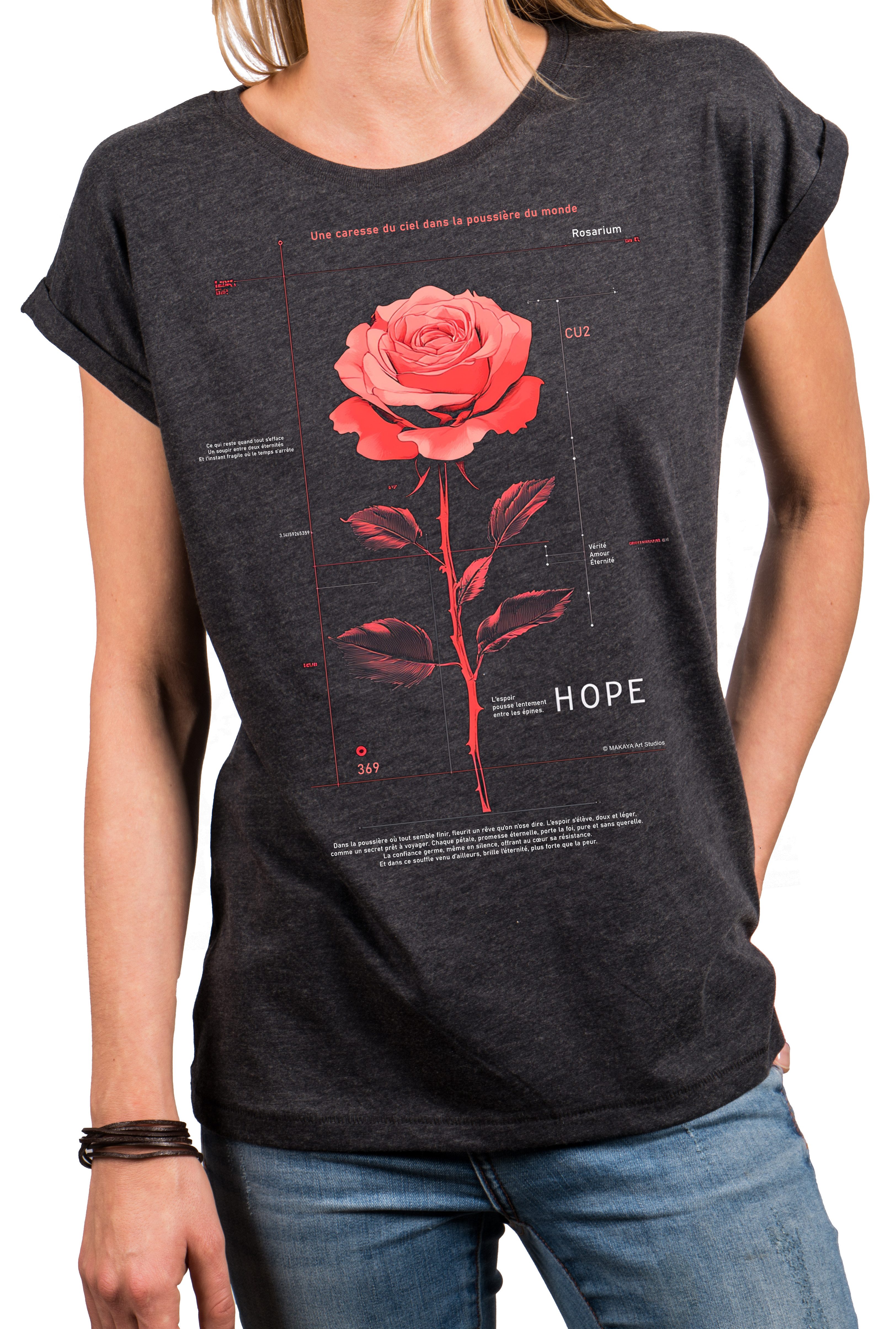 MAKAYA T-Shirt Damen-Top mit Rosendesign – femininer Print in Rosa (Schwarz, Blau, Dunkelgrau, 34, 36, 38, 40, 42, 44, 46, 48, 50) Baumwolle