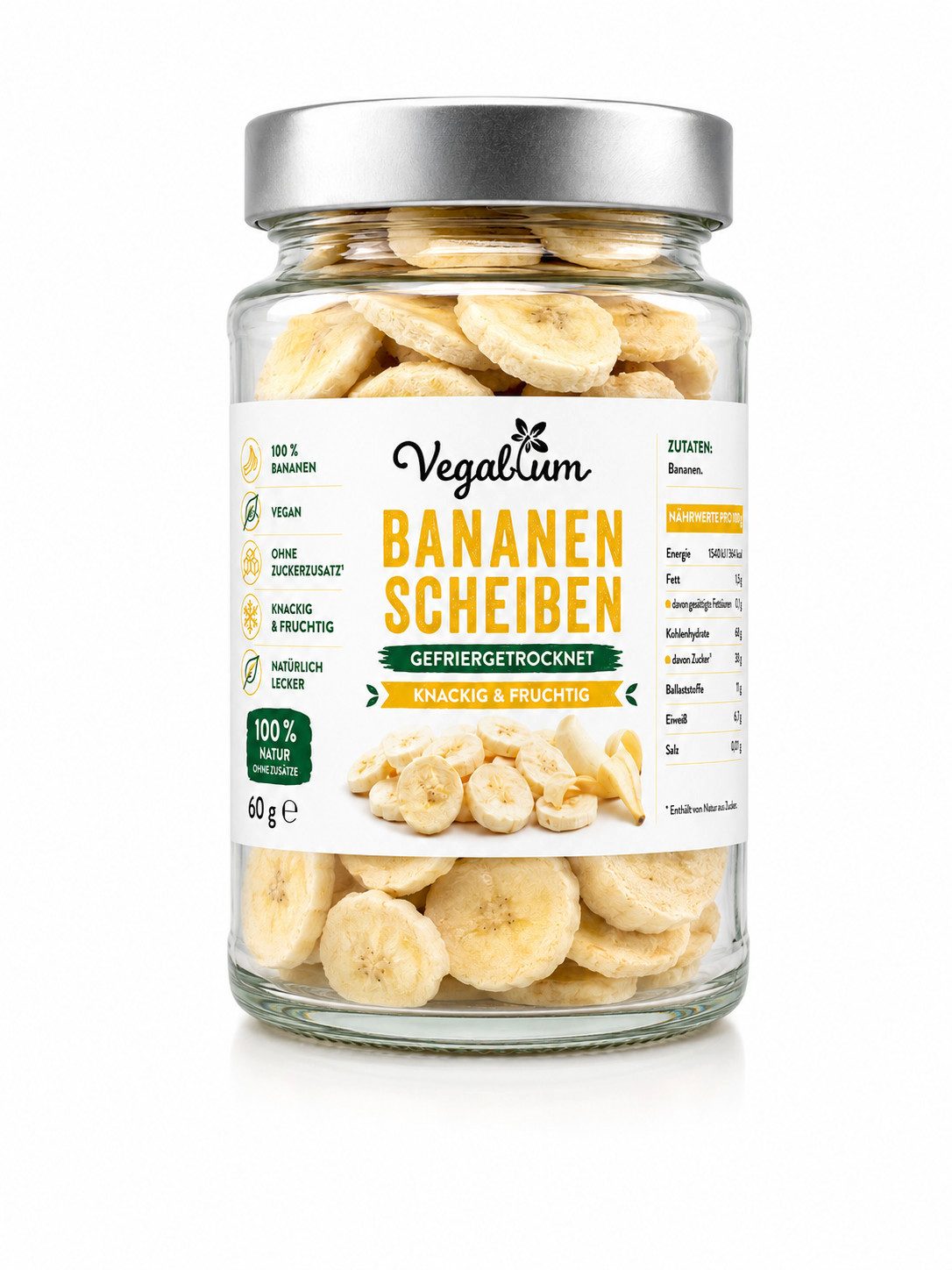 Vegablum Trockenfrüchte Bananenscheiben gefriergetrocknet, 100 % Frucht im Glas, 1 x 60,00 g, 100 % Frucht, gefriergetrocknet, vegan