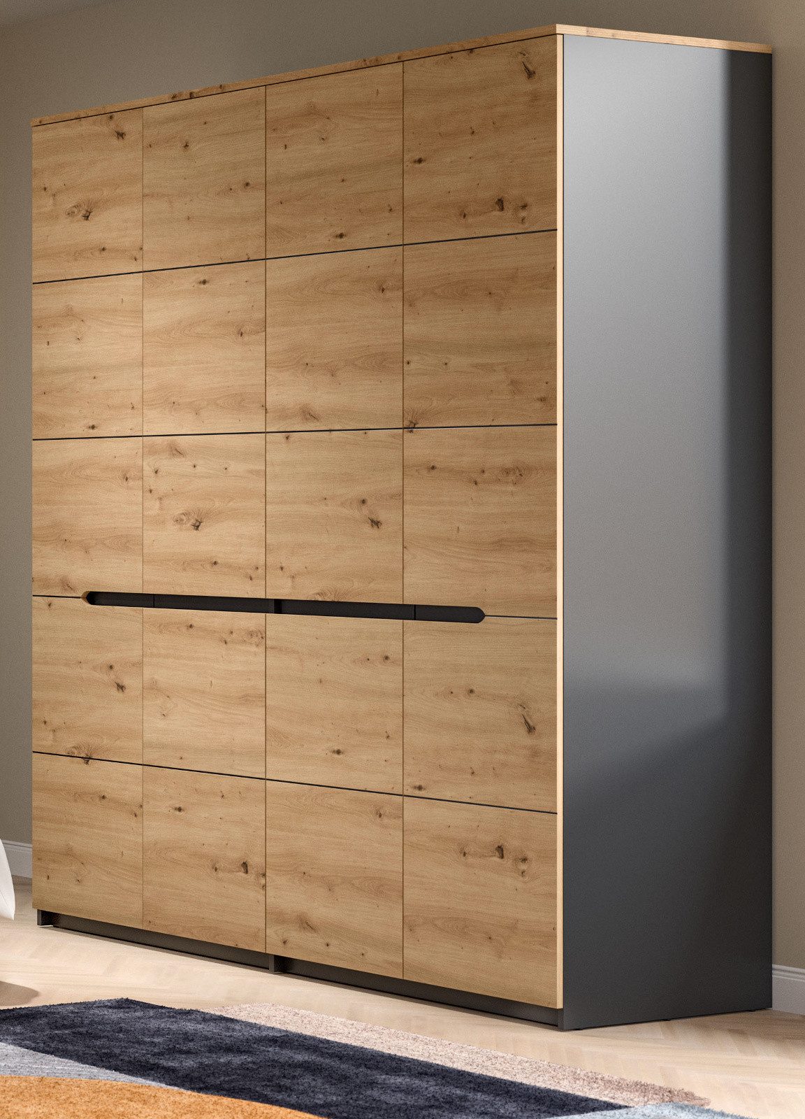 Inn.Furn Kleiderschrank Cooper (Drehtürenschrank in Eiche Artisan mit Grau, 4-türig, 180 x 198 cm) mit Soft-Close-Funktion
