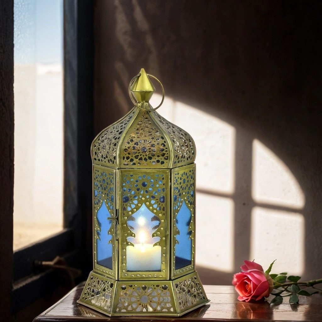 Marrakesch Orient & Mediterran Interior Kerzenlaterne Orientalische Deko Teelichthalter Laterne Windlicht Labib Blau (1 St), Handarbeit