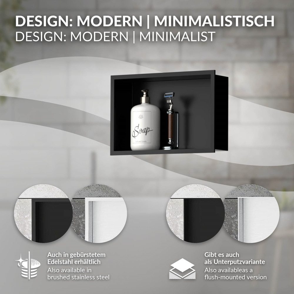 LuxeBath Duschwand Wandnische mit Rahmen aus Edelstahl Flexibler Einbau für Badezimmer, Duschnische Schwarz 20x30x10cm Einzelregal & Rahmen Befliesbare Nische