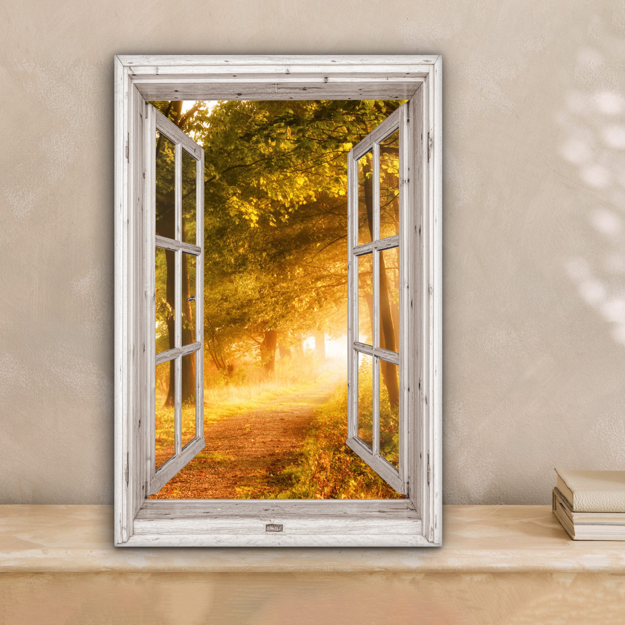 OneMillionCanvasses® Leinwandbild Wald - Bäume - Sonnenlicht - Herbst - Weg - Natur - Fensterblick, Fotodruck (1 St), Leinwand Canvas Wandbild, Wanddekoration 20x30 cm