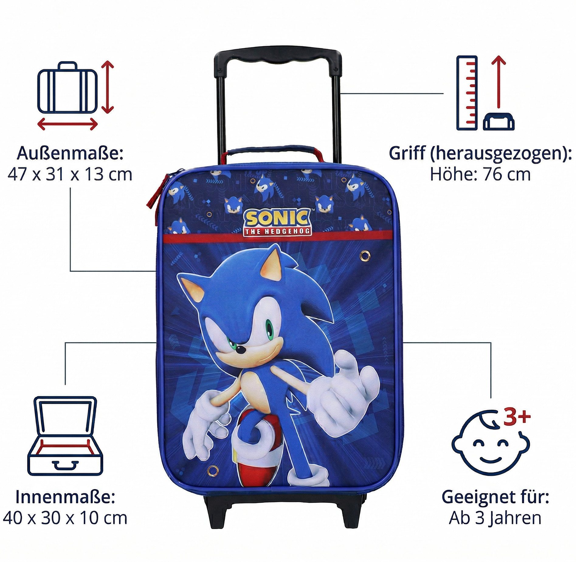 Sonic The Hedgehog Kinderkoffer Trolley Kindertrolley Jungen Handgepäck, Volumen 12 Liter, Innemaße 40x30x10 cm, Außenmaße 47x31x13 cm