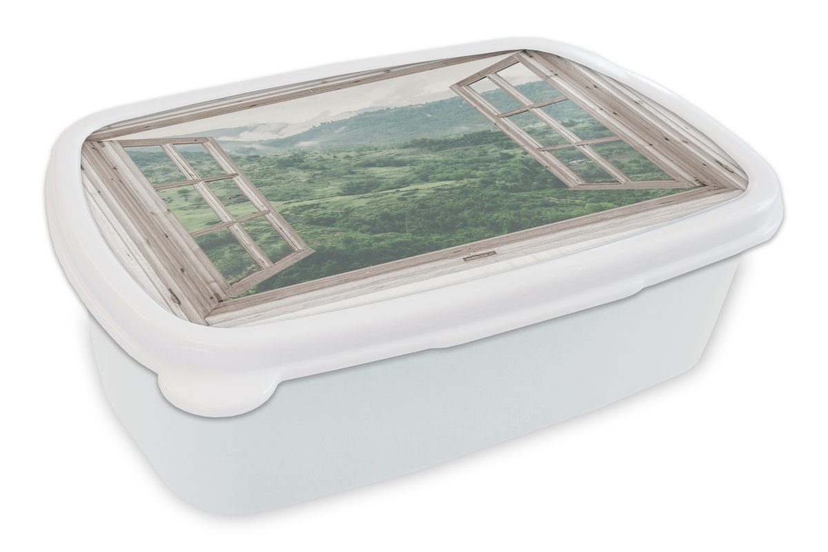 MuchoWow Lunchbox Aussicht - Berg Holz, für und - Kunststoff, Mädchen weiß Kinder Brotdose, Jungs und Brotbox Erwachsene, für (2-tlg)