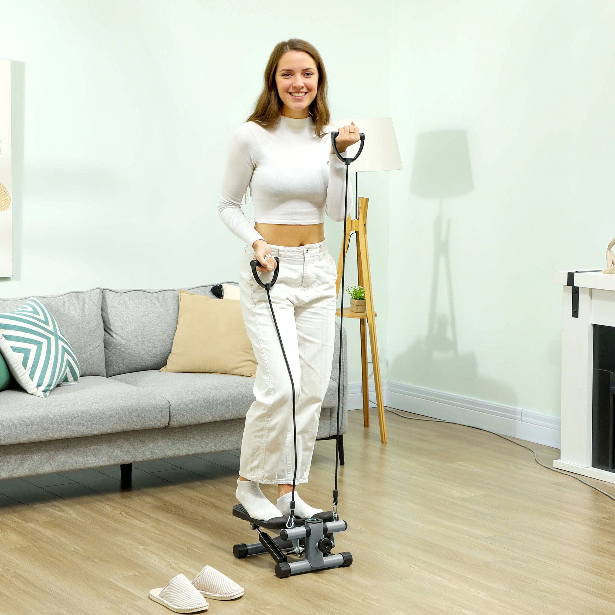 SPORTNOW Stepper Stepper Hometrainer mit Power Ropes, mit LCD-Display (Up-Down Swing Stepper, 1-tlg., 2 in 1 Mini-Stepper für Zuhause), bis 100 kg für Bein-,Armtraining, Home Office Fitness Exercise, Grau