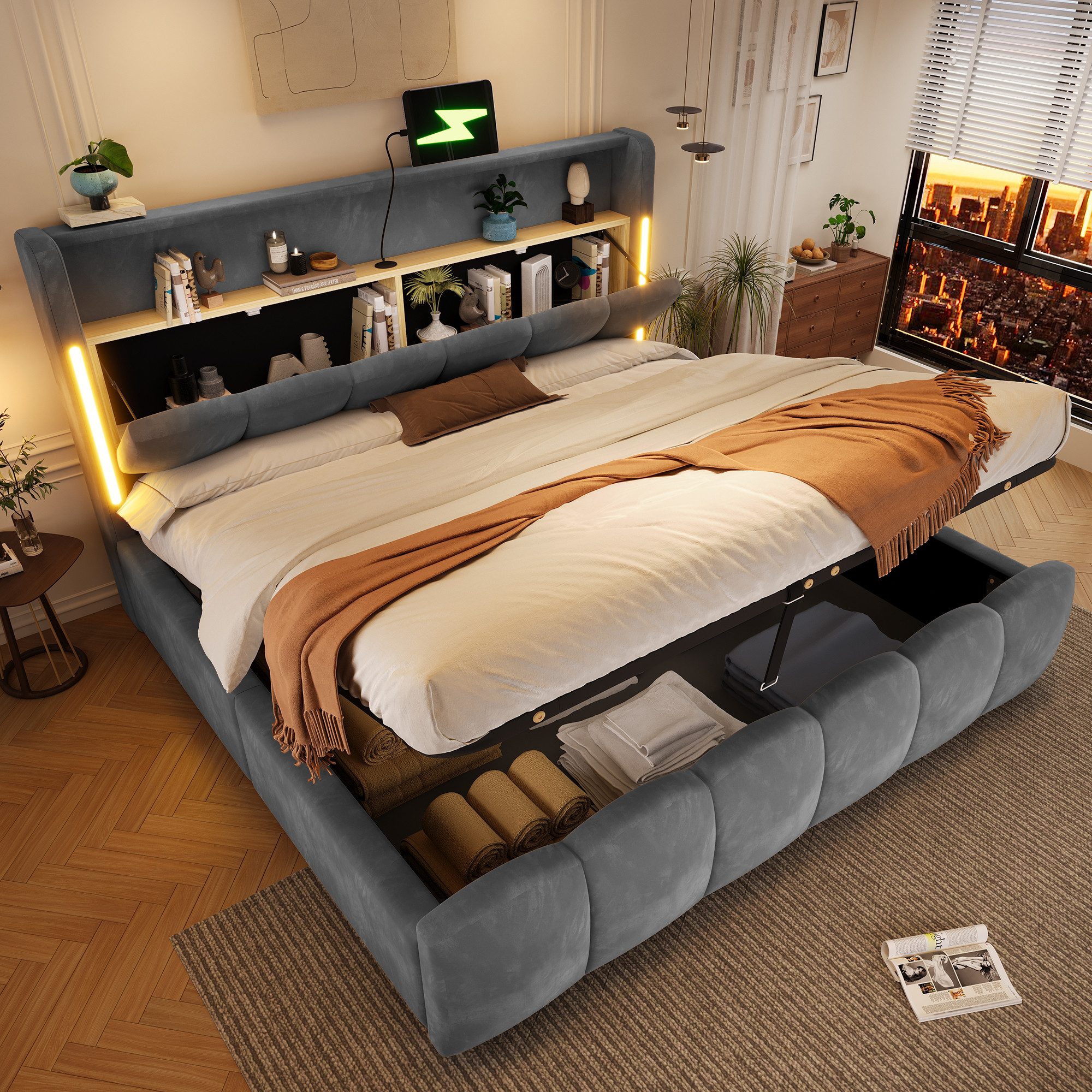 Merax Polsterbett 180x200 cm mit hydraulischem Stauraum und LED-Beleuchtung (1-tlg), Doppelbett mit Kopfteil mit Staufach,USB & Typ-C Anschlüssen,Samtbezug