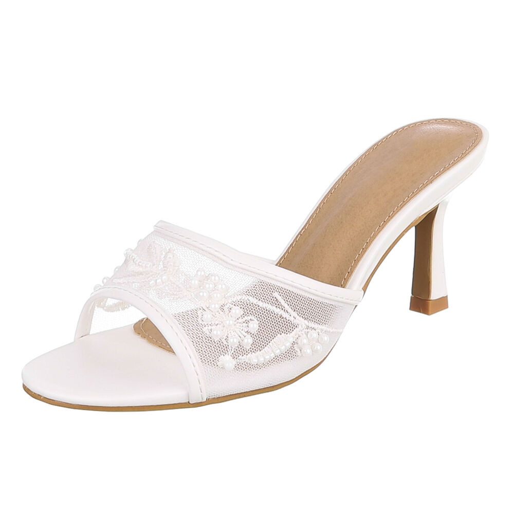 Ital-Design Damen Festliche Sandalette High Heel mit Perlen-Details Pantolette (91895941) Pfennig-/Stilettoabsatz Sandalen & Sandaletten in Weiß