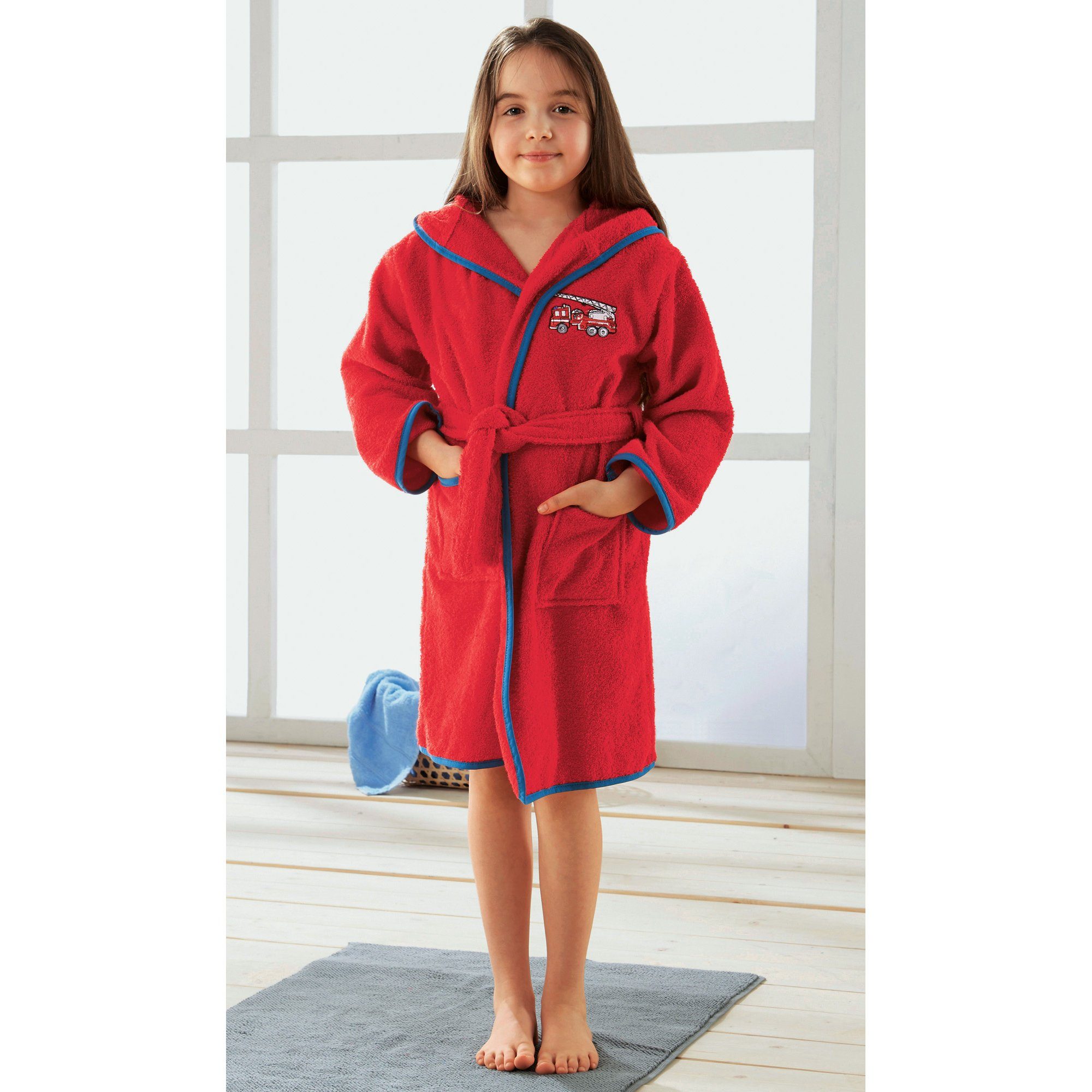 Erwin Müller Kinderbademantel Kinder-Bademantel mit Kapuze, Rückenlänge: 69 cm, Frottier, mit Kapuze/mit Aufsatztasche:, default, Walk-Frottier Uni/Motiv: Feuer – Bild 5 von 5