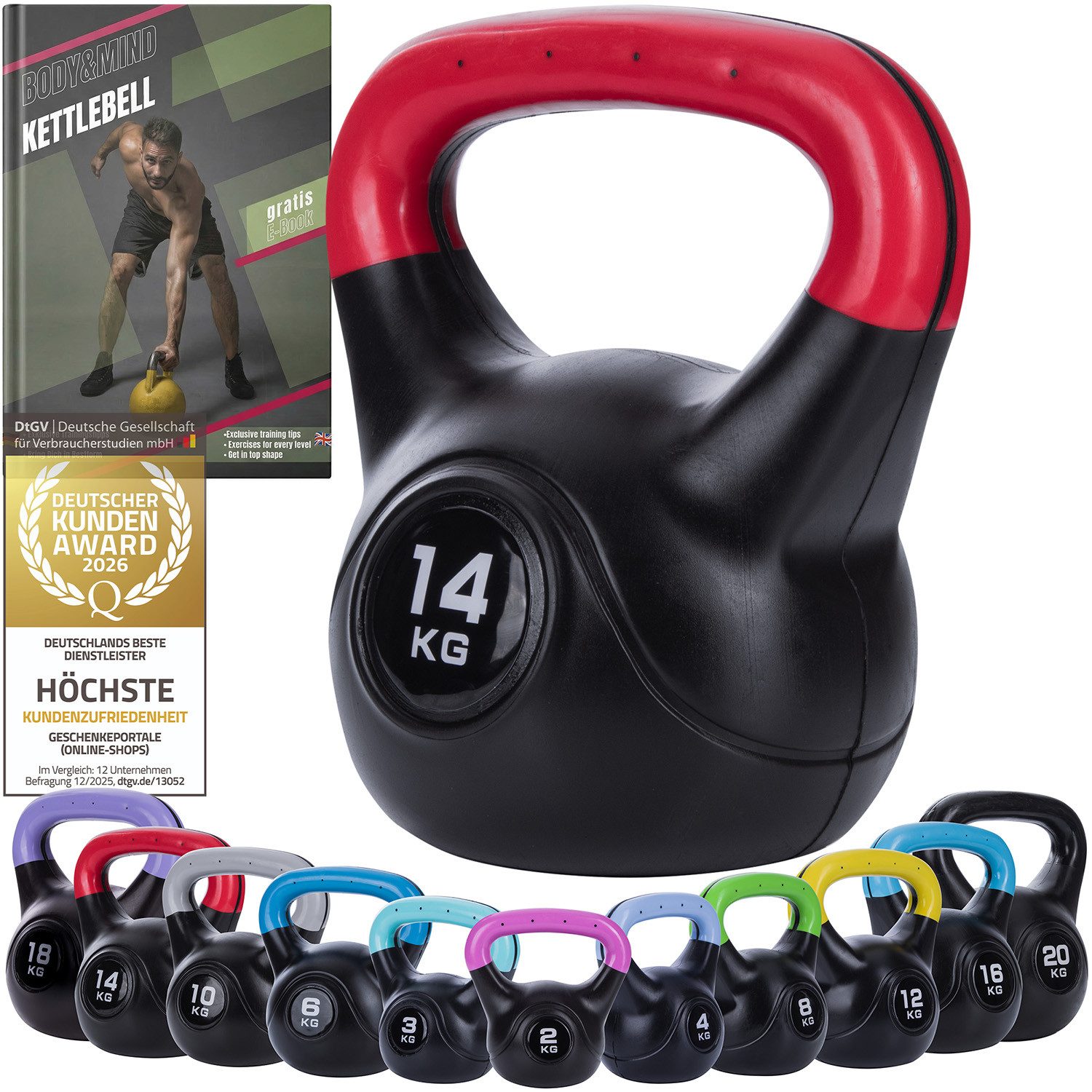 Body & Mind Kettlebell Body & Mind Kettlebell 2–20 kg – Profi Kettlebell mit Kunststoffmantel, (Profi Schwunghantel), Kraftraining Workout Gewicht (14 kg)