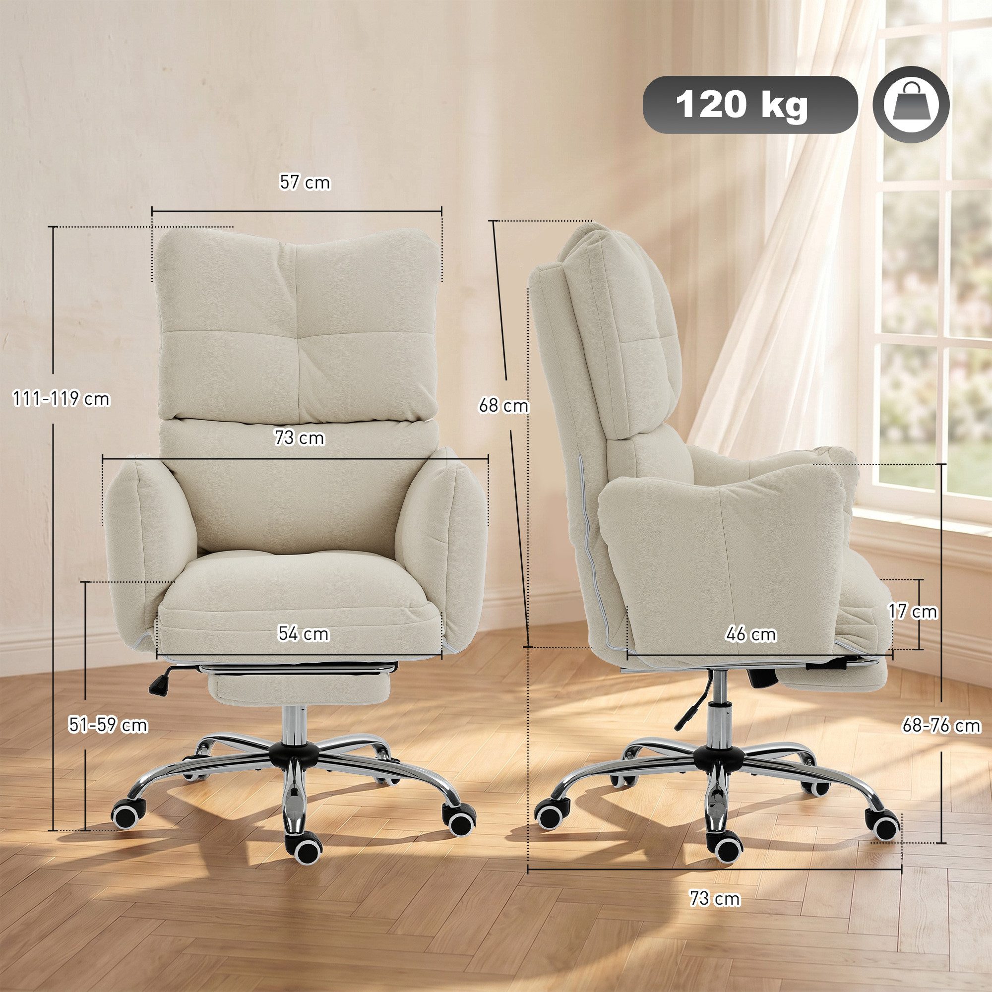HOMCOM Schreibtischstuhl Drehstuhl höhenverstellbar mit Fußstütze, Wippfunktion, Armlehnen (Bürostuhl, 1 St), Schneeflanellstoff, Cremeweiß