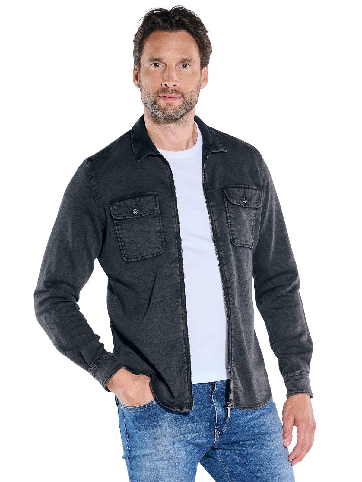 Engbers Langarmhemd Herren Overshirt uni, Anthrazit günstig online kaufen