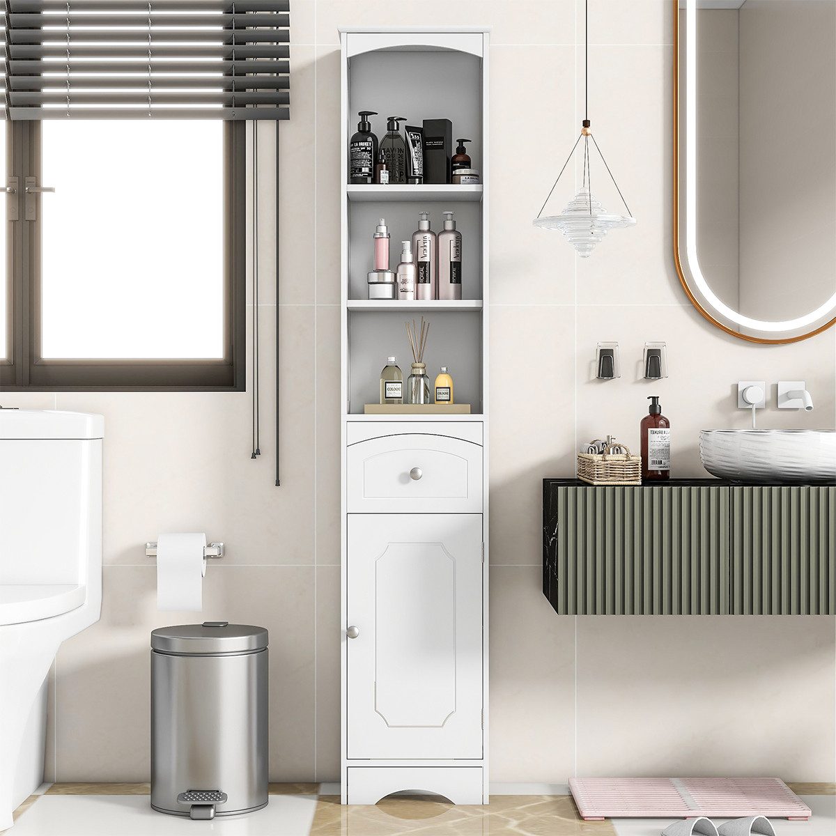 XDeer Badezimmerspiegelschrank Badezimmerschrank mit Einer Schublade verstellbare Ablagen offenes Fach Badschrank Hochschrank Badkommode Weiß