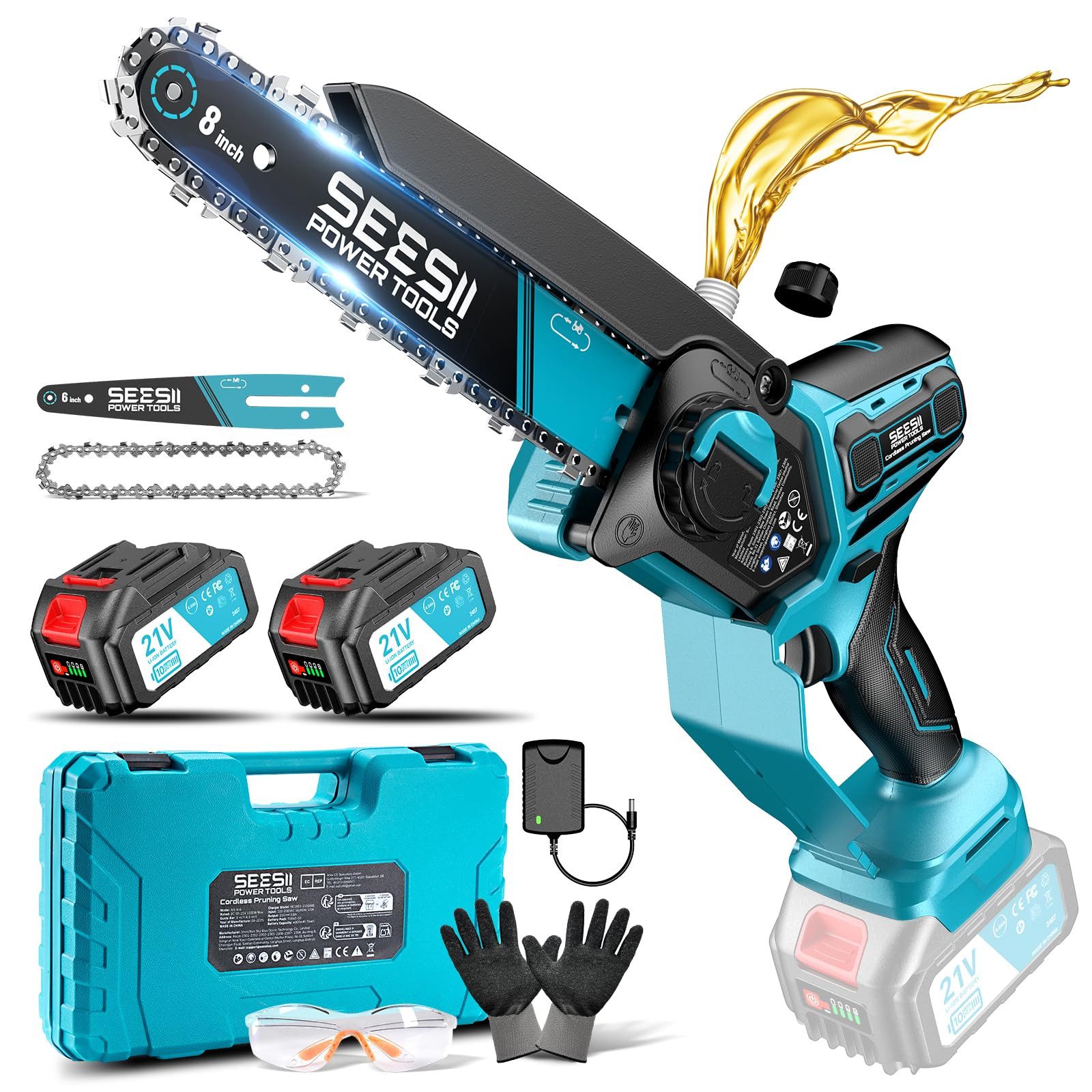 SEESII Akku-Kettensäge 6&8 Zoll Mini Kettensäge, 1000W Brushless Akku‑Astsäge, mit 2 x 4000 mAh Akkus, Automatische Kettenschmierung, werkzeuglose Kettenspannung